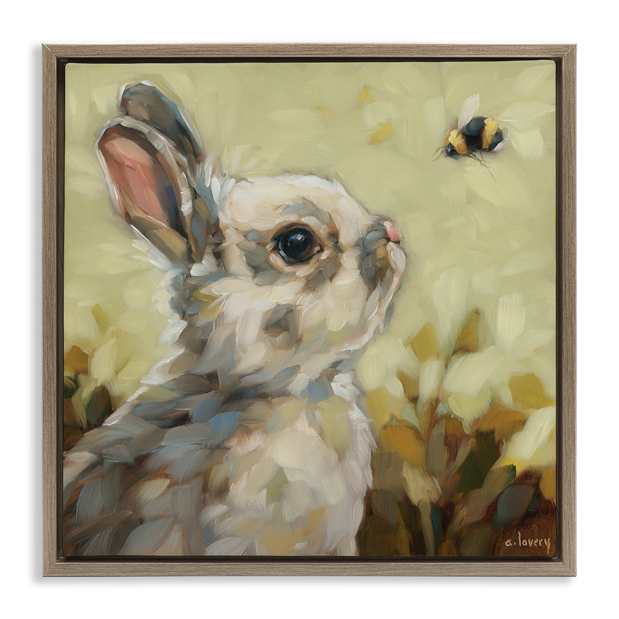 Stupell Industries Bunny Eyeing Bumble Bee Animals Painting Brown Floater Framed Canvas Art Print Wall Art, 18 x 18