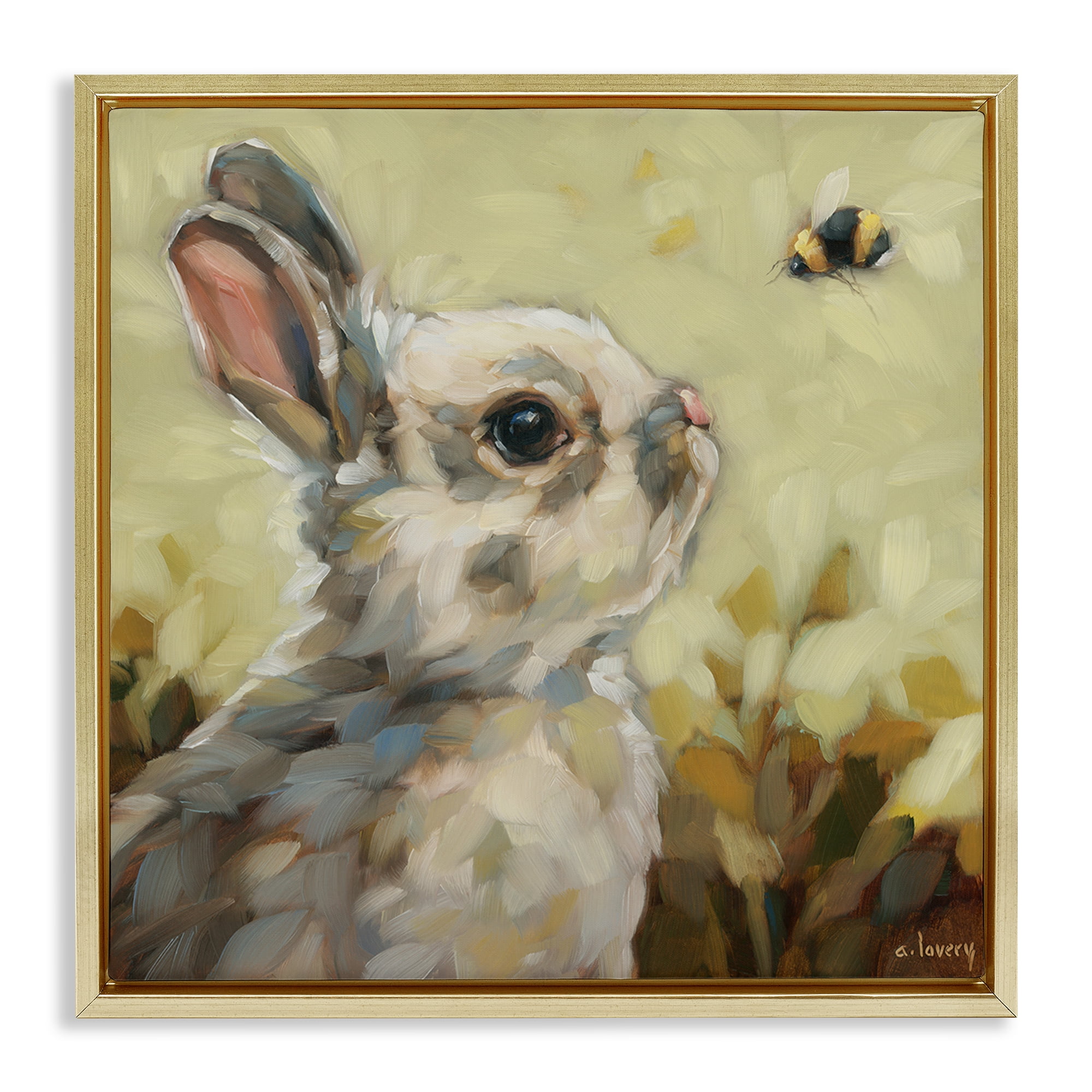 Stupell Industries Bunny Eyeing Bumble Bee Animals Painting Gold Floater Framed Canvas Art Print Wall Art, 18 x 18