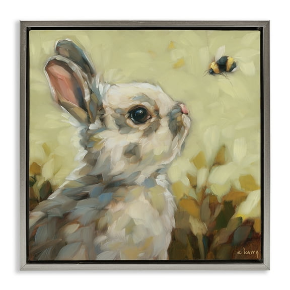 Stupell Industries Bunny Eyeing Bumble Bee Animals Painting Gray Floater Framed Canvas Art Print Wall Art, 25 x 25