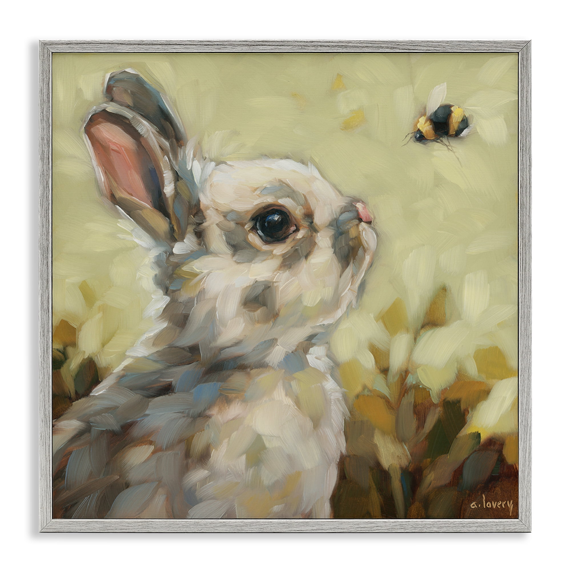 Stupell Industries Bunny Eyeing Bumble Bee Animals Painting Gray Framed Art Print Wall Art, 24 x 24
