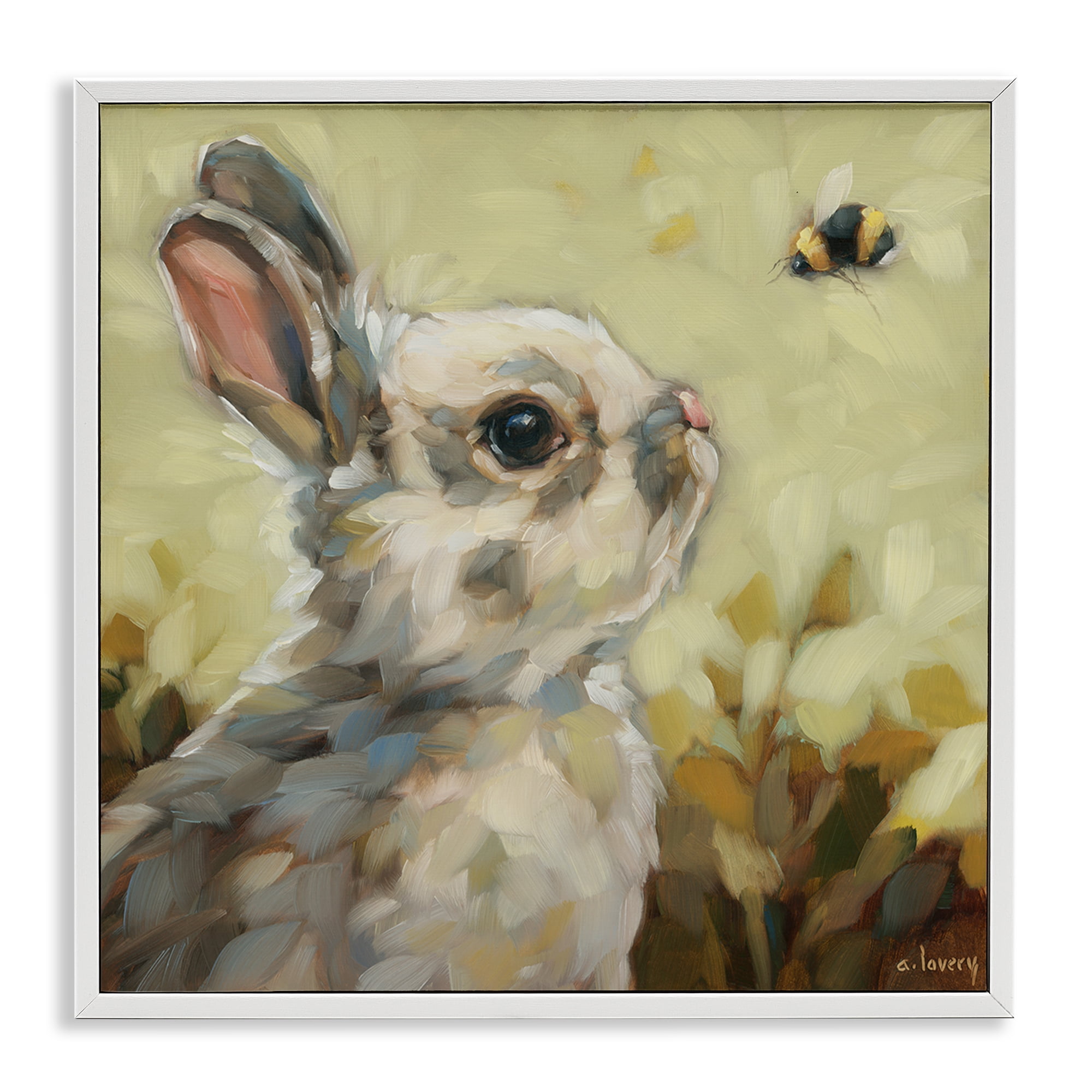 Stupell Industries Bunny Eyeing Bumble Bee Animals Painting White Framed Art Print Wall Art, 17 x 17
