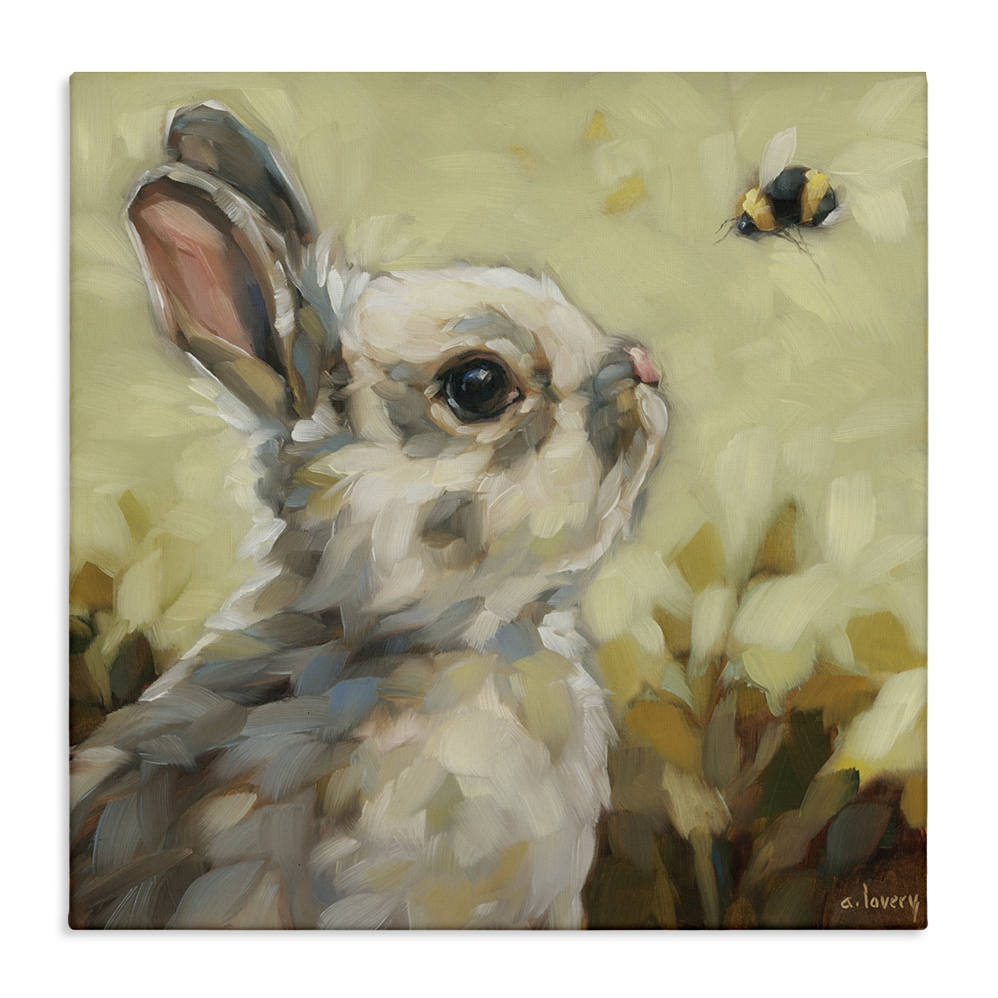 Stupell Industries Bunny Eyeing Bumble Bee Animals Painting Wrapped Canvas Art Print Wall Art, 30 x 30