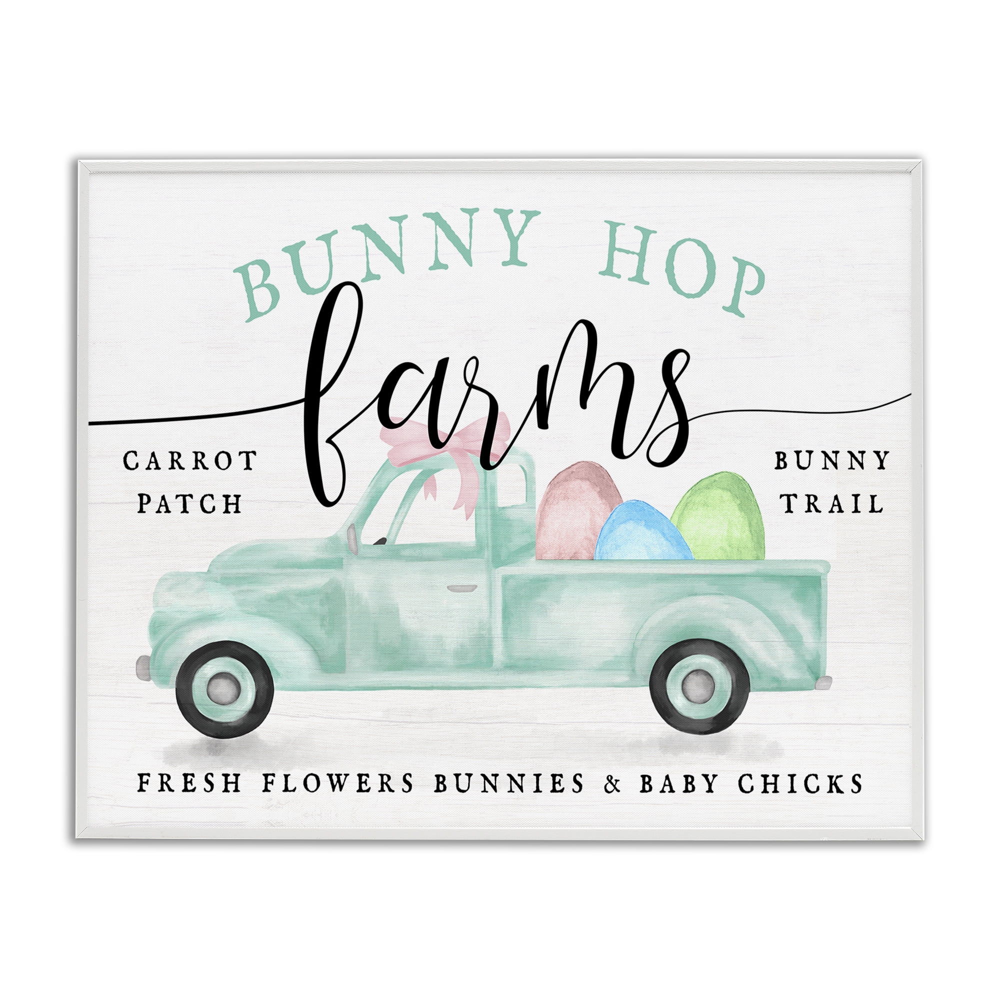 Bunny Hop Farms Sign Easter Egg Green Truck White Framed Giclee Art, 14 x 11, By Lil' Rue