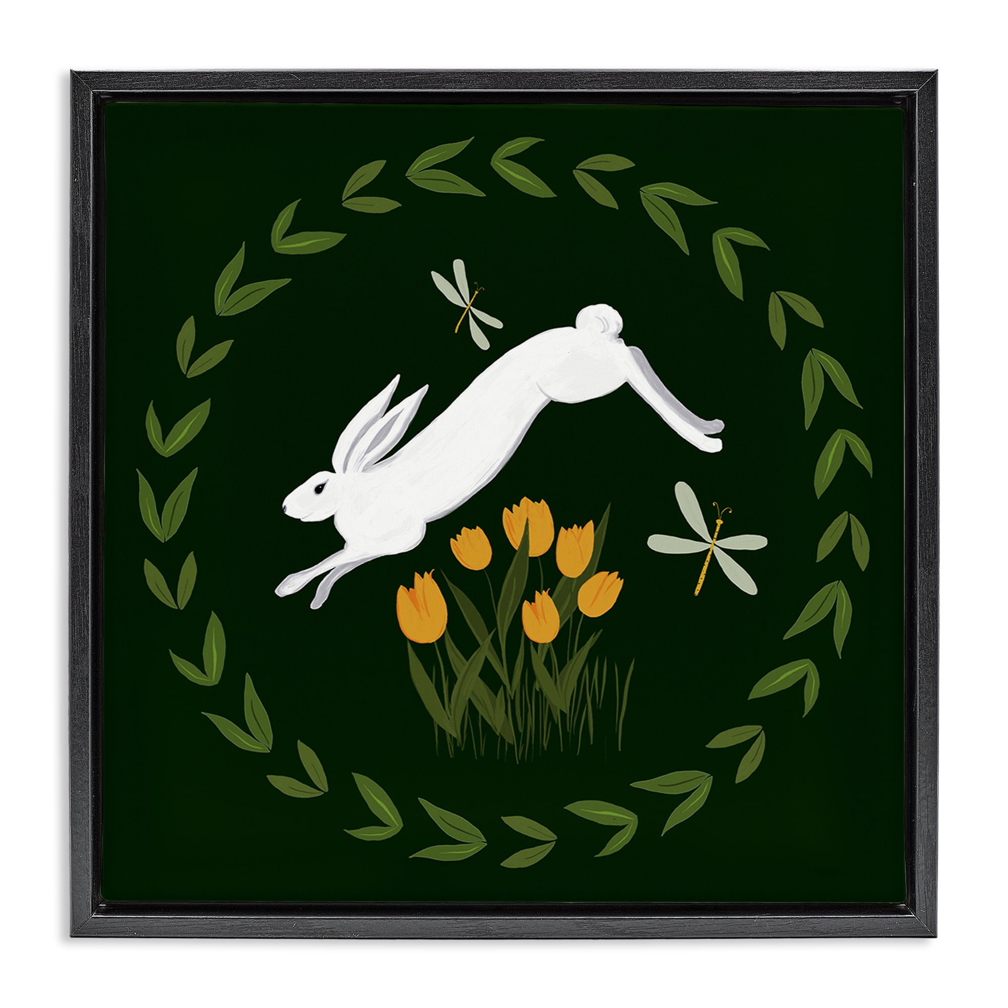 Stupell Industries Bunny Hopping in Wreath Animals Painting Black Floater Framed Canvas Art Print Wall Art, 18 x 18