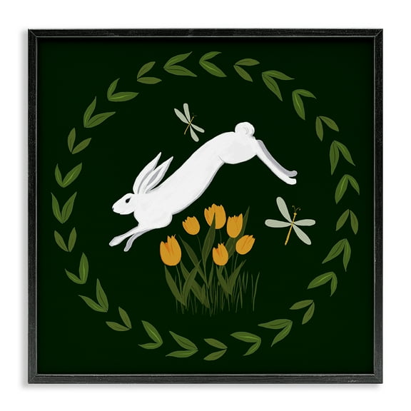 Stupell Industries Bunny Hopping in Wreath Animals Painting Black Framed Art Print Wall Art, 12 x 12
