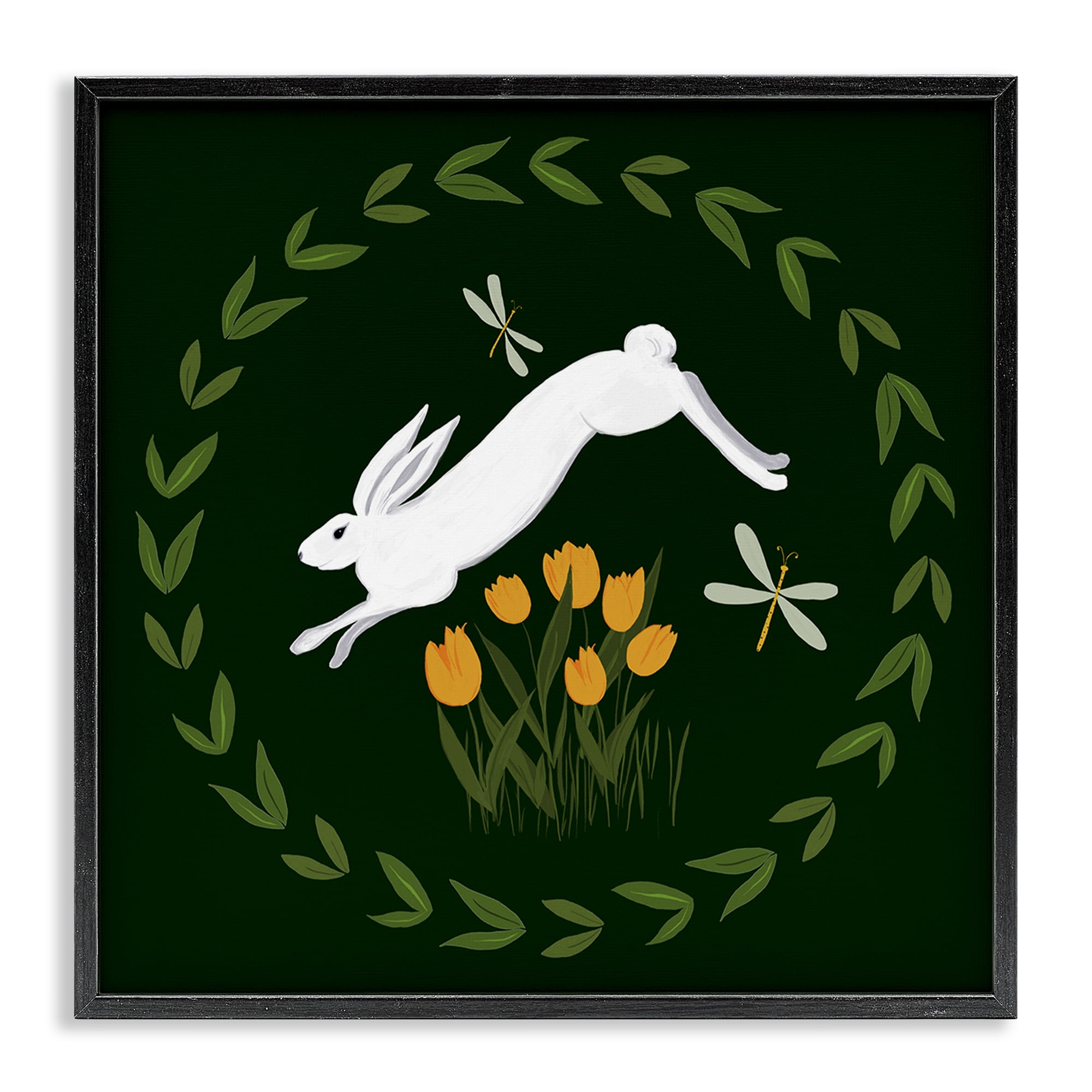 Stupell Industries Bunny Hopping in Wreath Animals Painting Black Framed Art Print Wall Art, 24 x 24