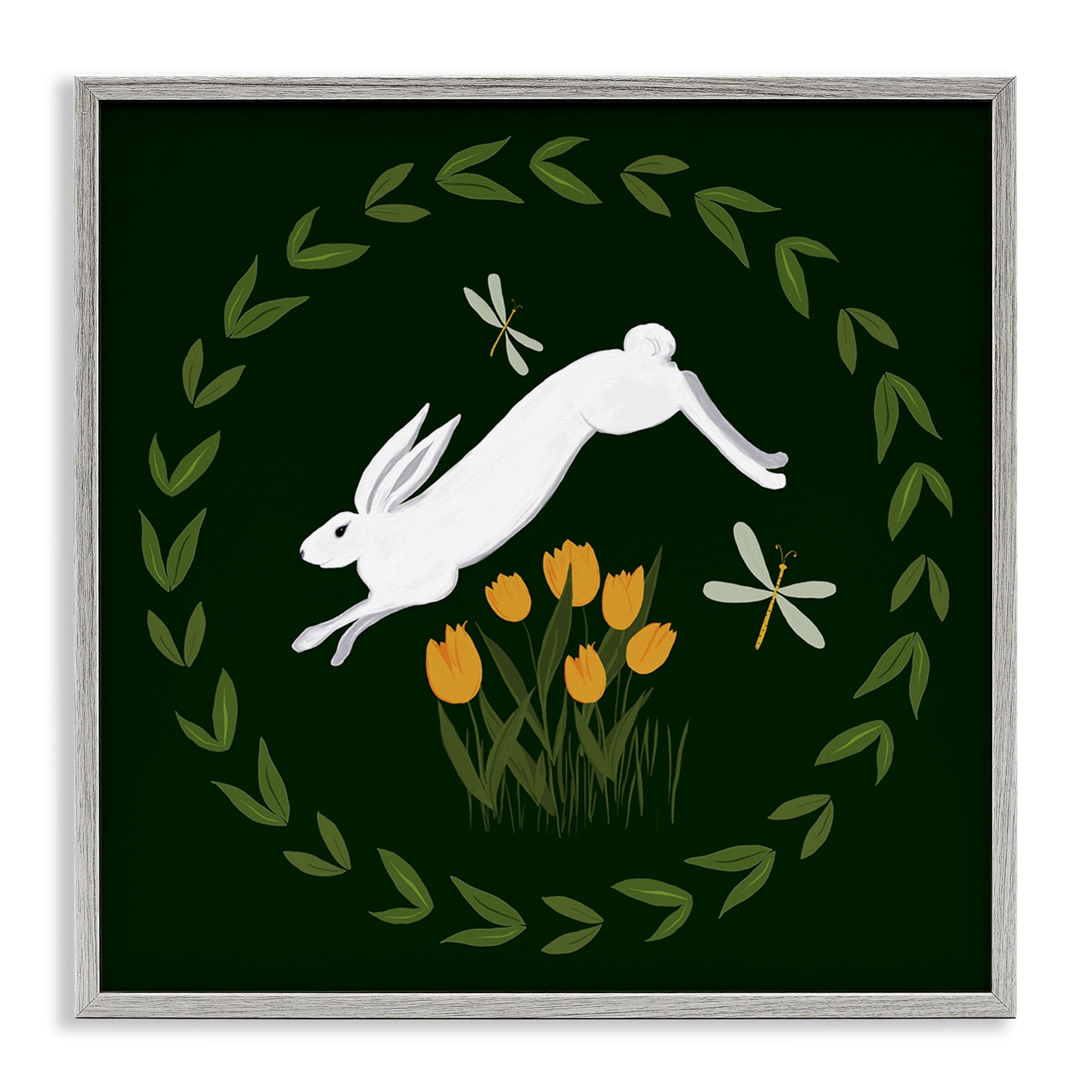 Stupell Industries Bunny Hopping in Wreath Animals Painting Gray Framed Art Print Wall Art, 12 x 12