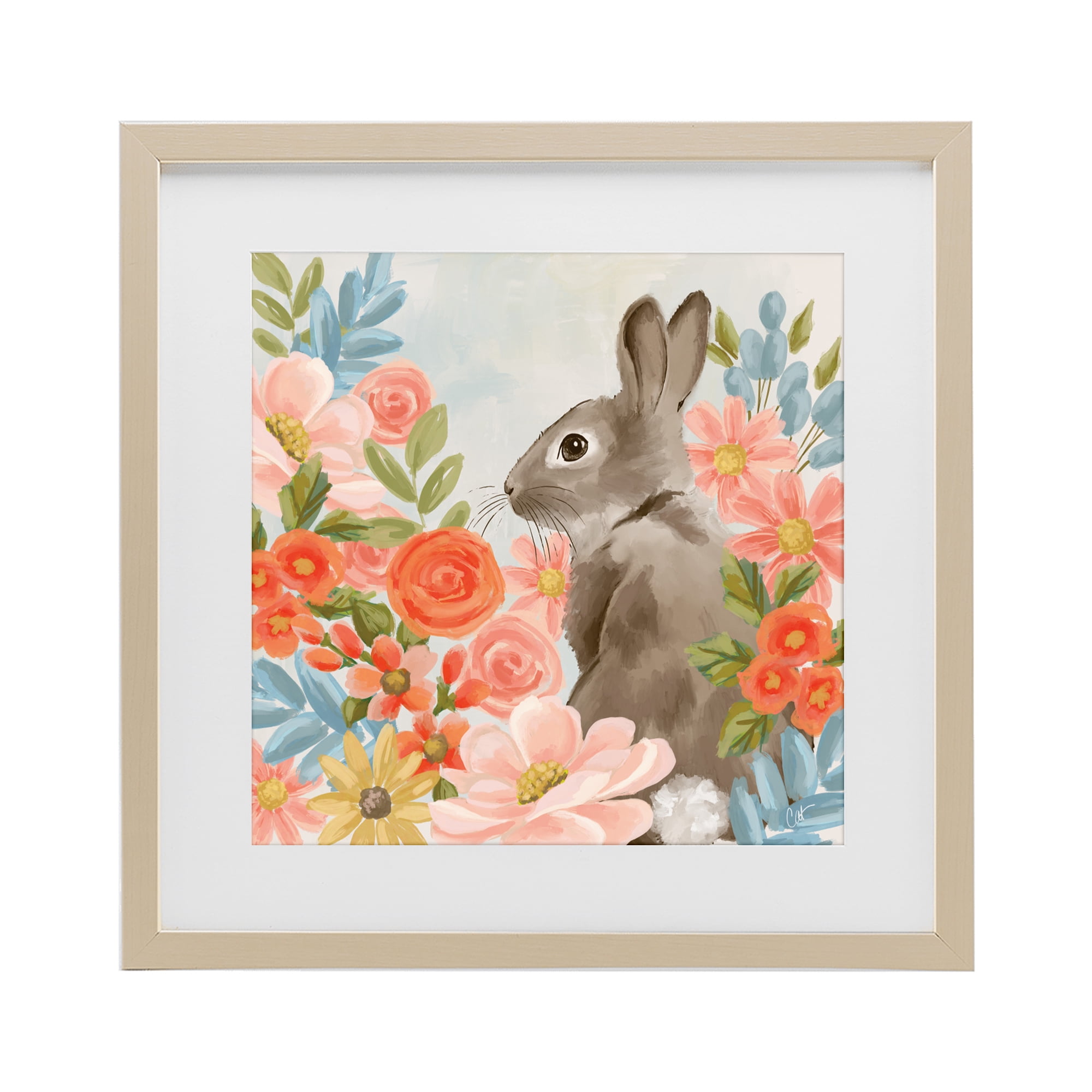 Stupell Industries Bunny In The Blooms Birch Framed Print Under Glass, design by Cat Thurman Designs