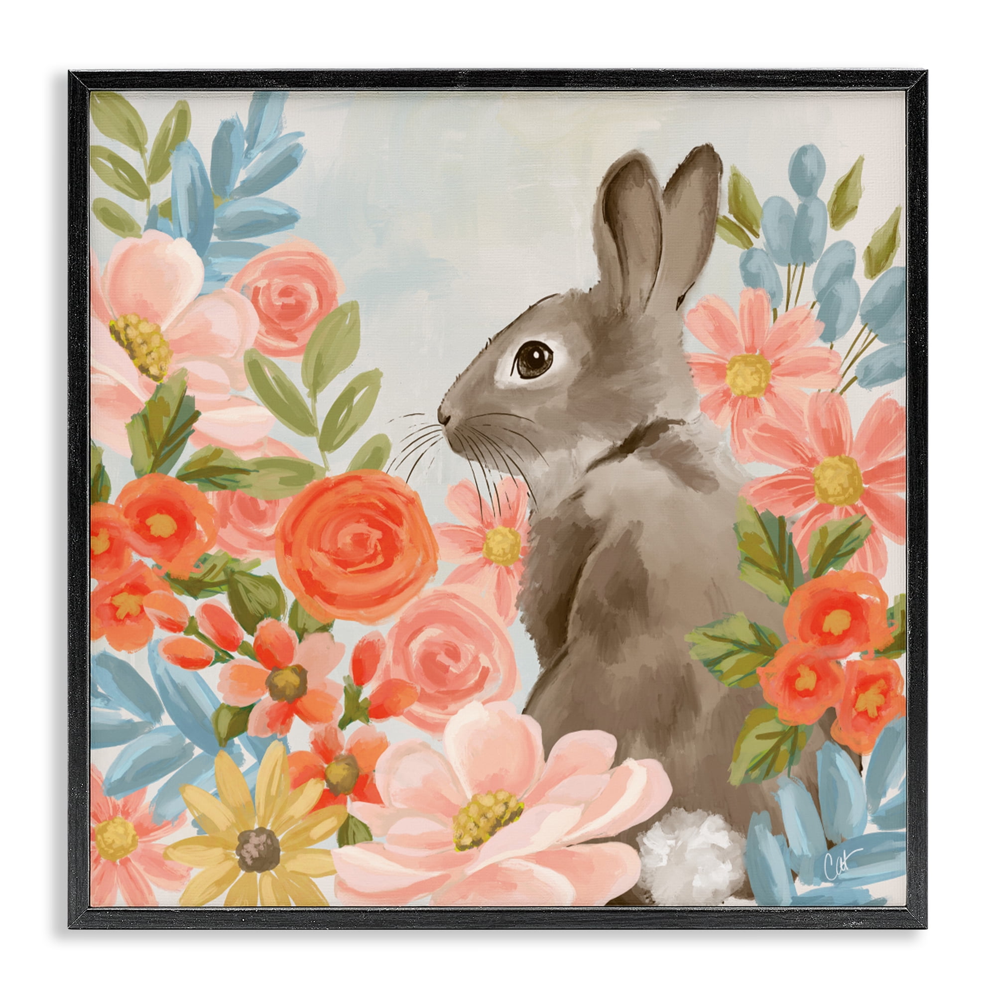 Stupell Industries Bunny In The Blooms Black Framed Giclee Art, design by Cat Thurman Designs