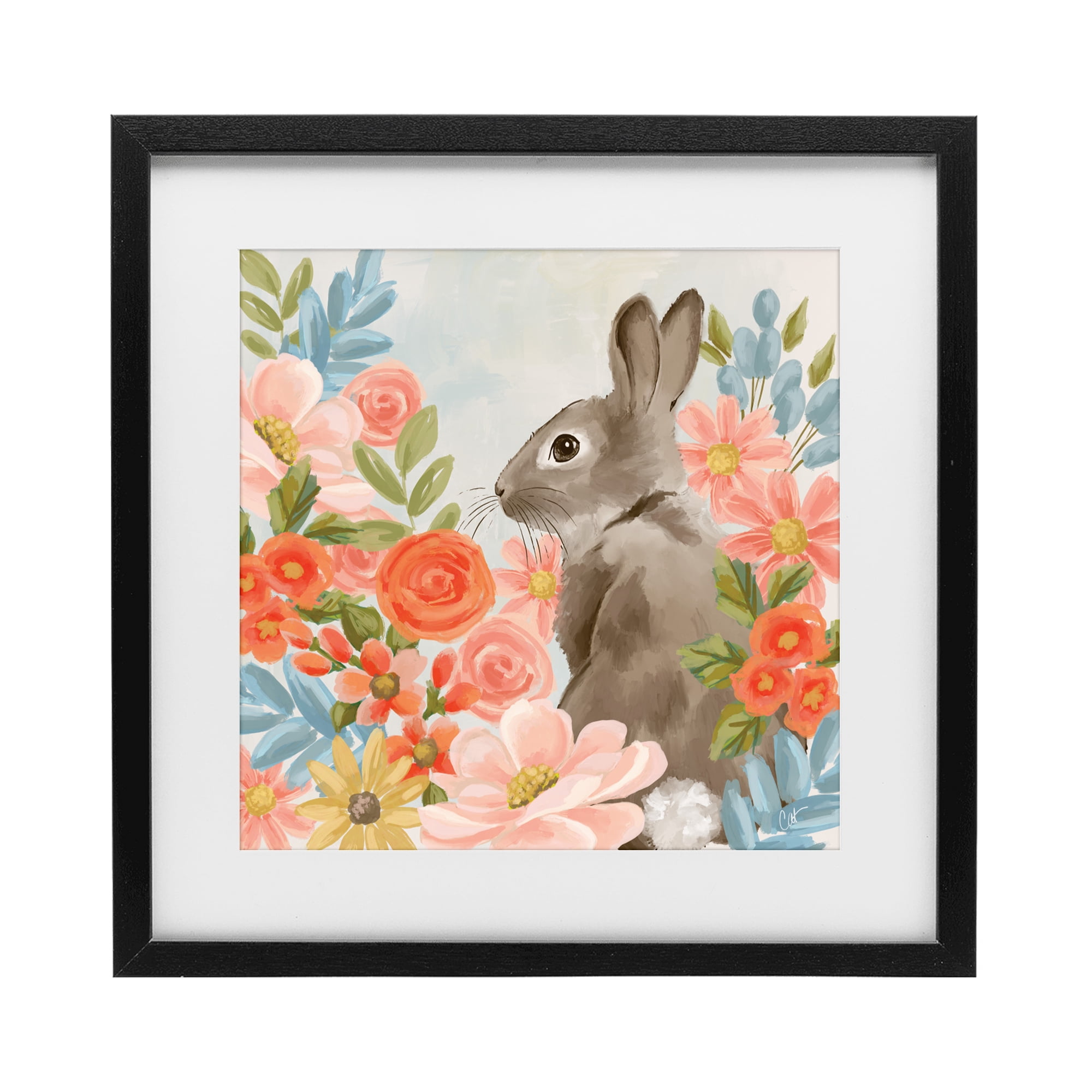 Stupell Industries Bunny In The Blooms Black Framed Print Under Glass, design by Cat Thurman Designs