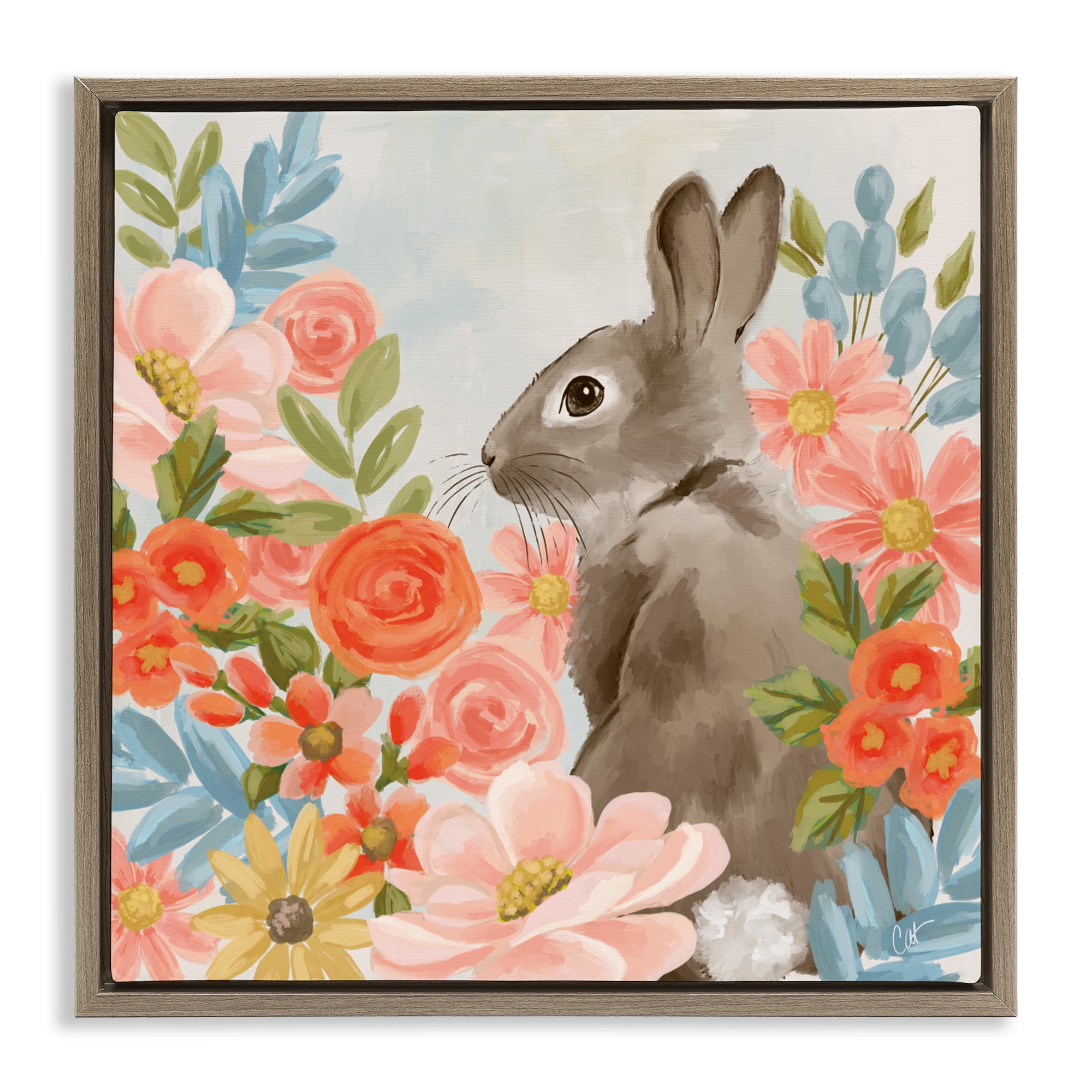Stupell Industries Bunny In The Blooms Brown Framed Floater Canvas Wall Art, design by Cat Thurman Designs