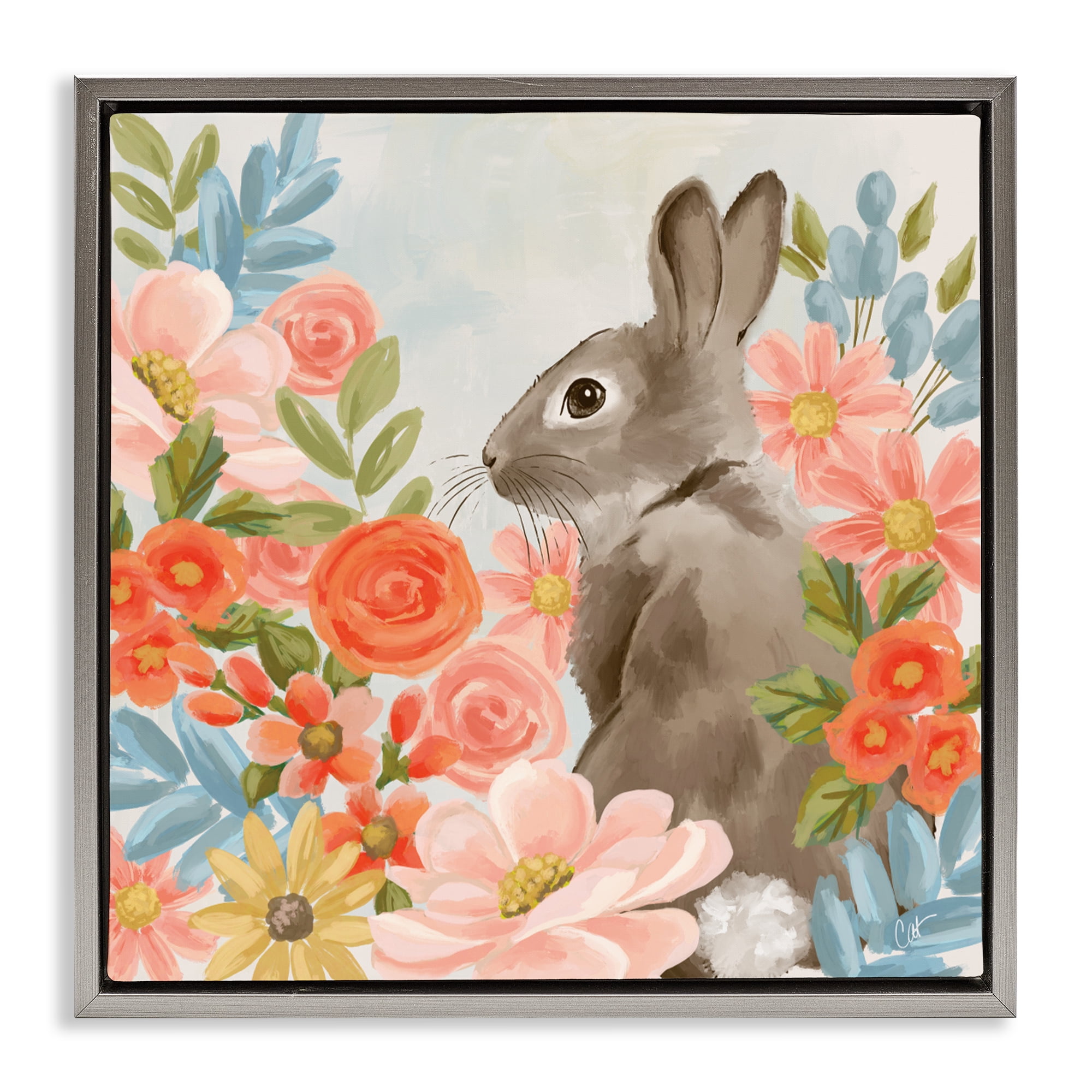 Stupell Industries Bunny In The Blooms Gray Framed Floater Canvas Wall Art, design by Cat Thurman Designs