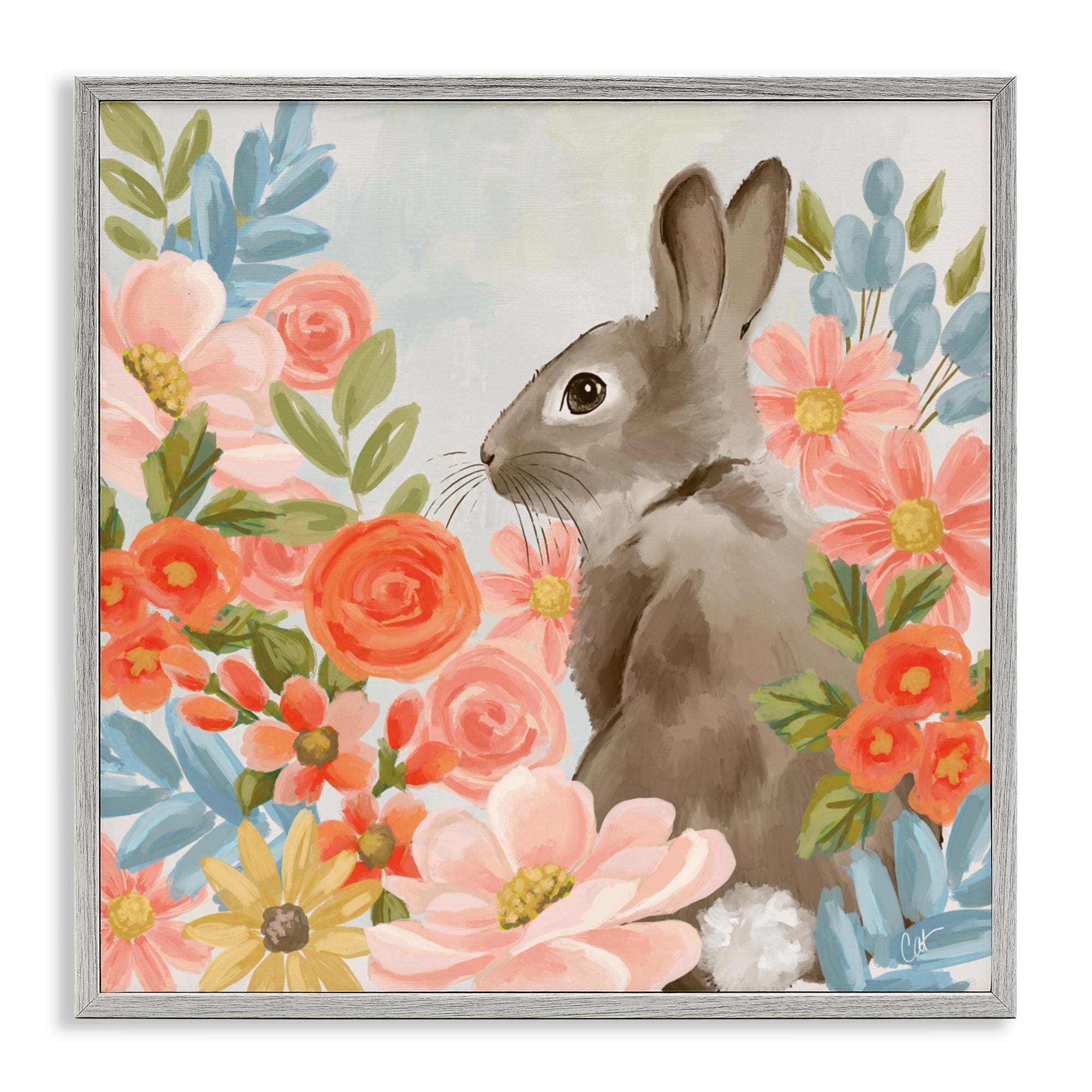 Stupell Industries Bunny In The Blooms Gray Framed Giclee Art, design by Cat Thurman Designs