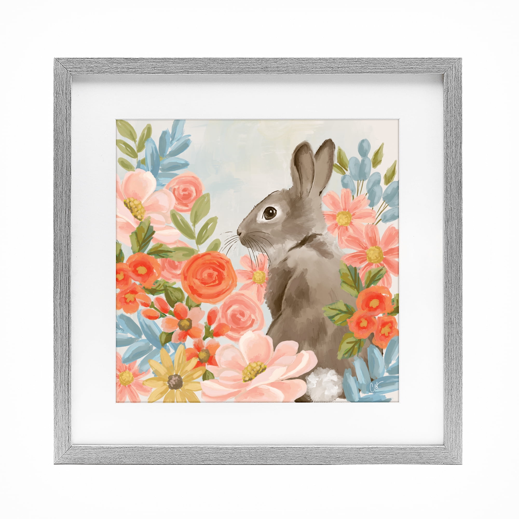 Stupell Industries Bunny In The Blooms Gray Framed Print Under Glass, design by Cat Thurman Designs
