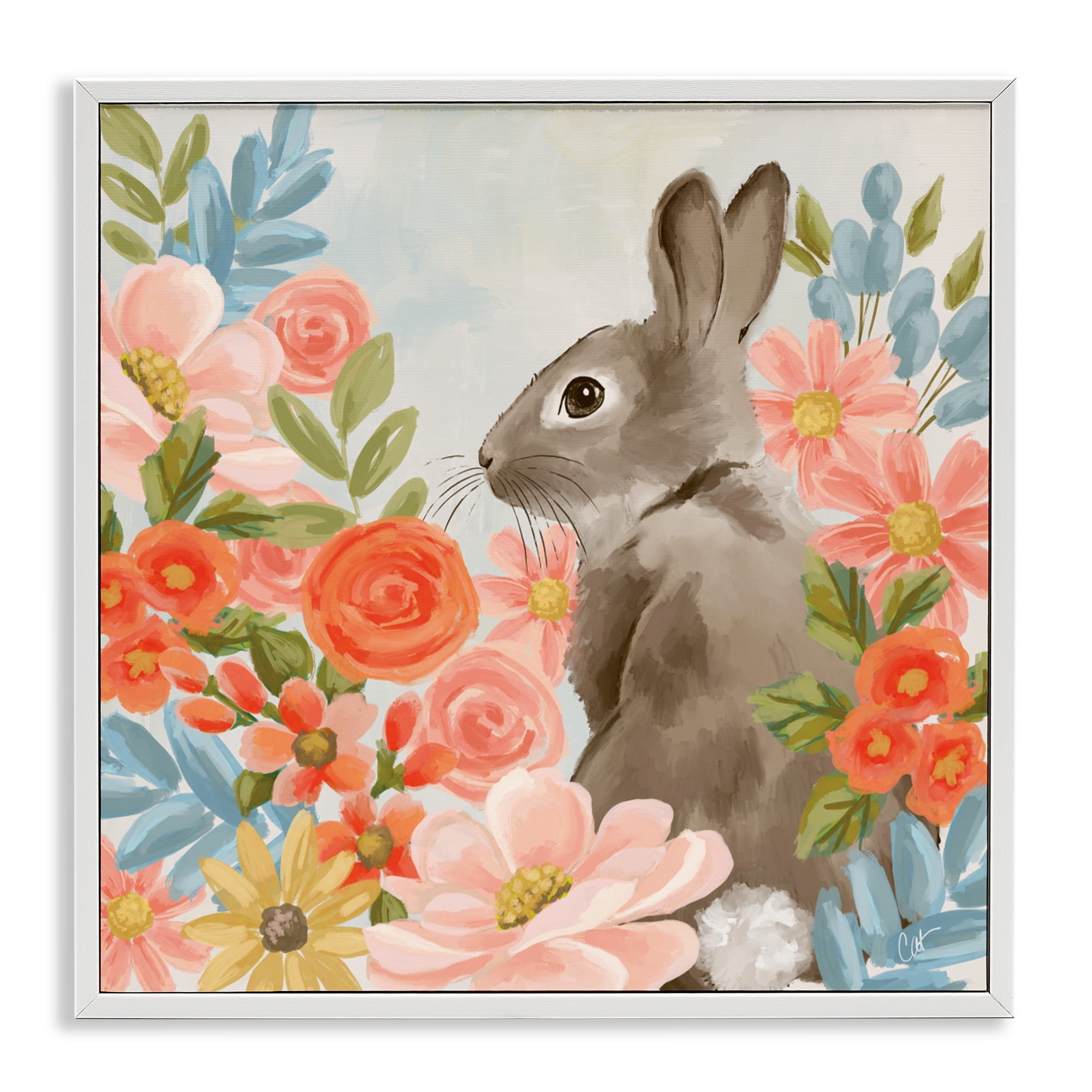 Stupell Industries Bunny In The Blooms White Framed Giclee Art, design by Cat Thurman Designs