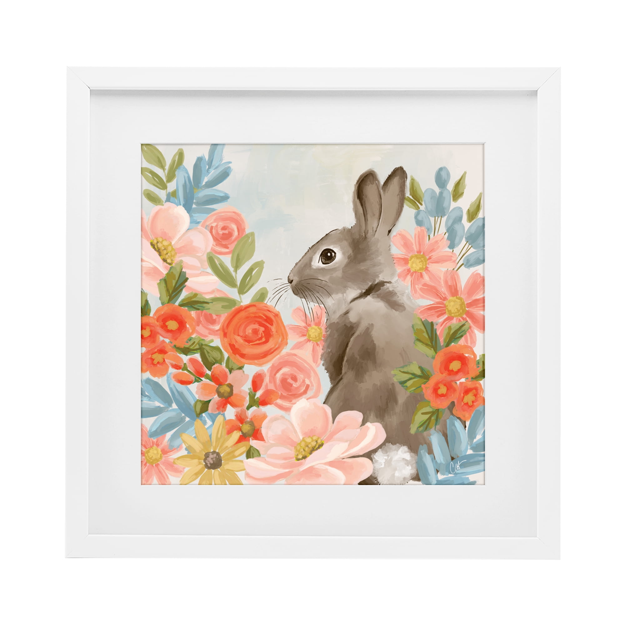 Stupell Industries Bunny In The Blooms White Framed Print Under Glass, design by Cat Thurman Designs
