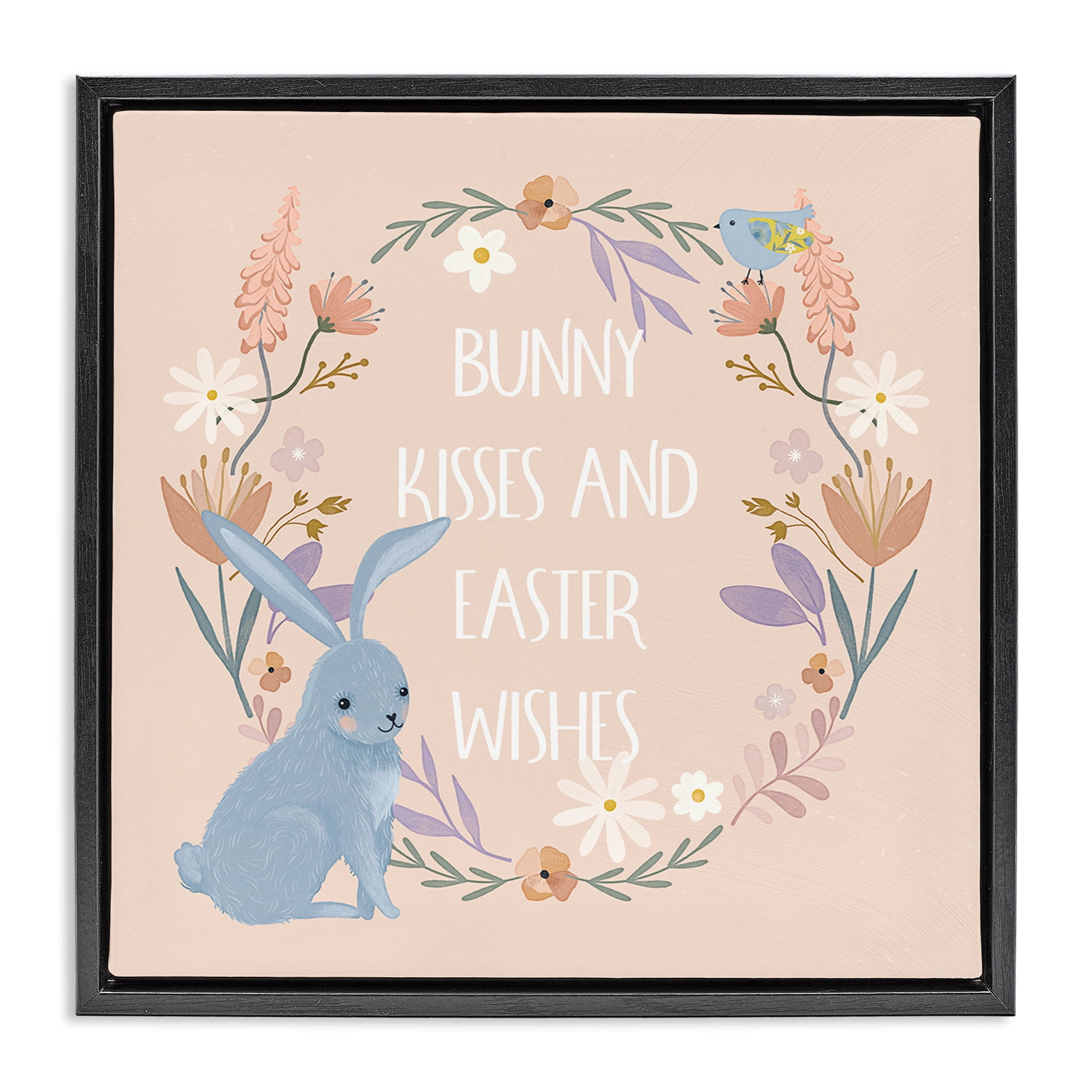 Stupell Industries Bunny Kisses Easter Wishes Holiday Painting Black Floater Framed Canvas Art Print Wall Art, 25 x 25