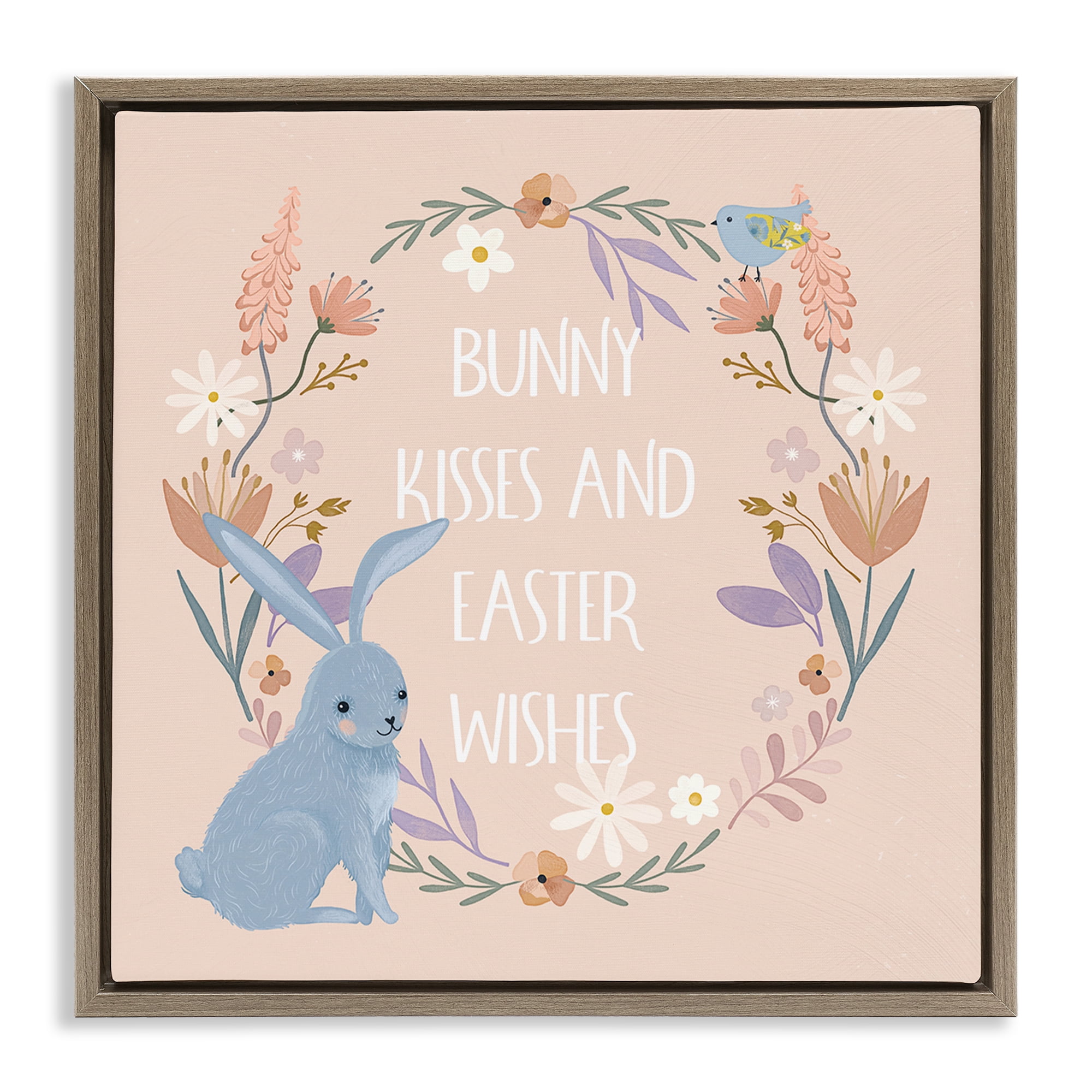 Stupell Industries Bunny Kisses Easter Wishes Holiday Painting Brown Floater Framed Canvas Art Print Wall Art, 25 x 25