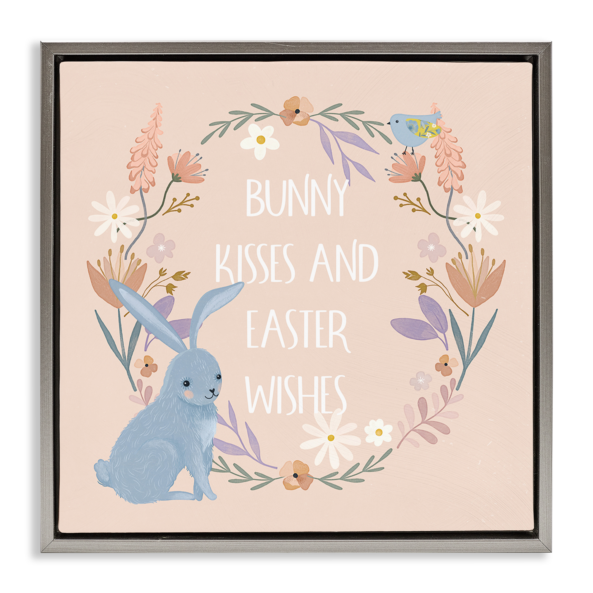 Stupell Industries Bunny Kisses Easter Wishes Holiday Painting Gray Floater Framed Canvas Art Print Wall Art, 25 x 25