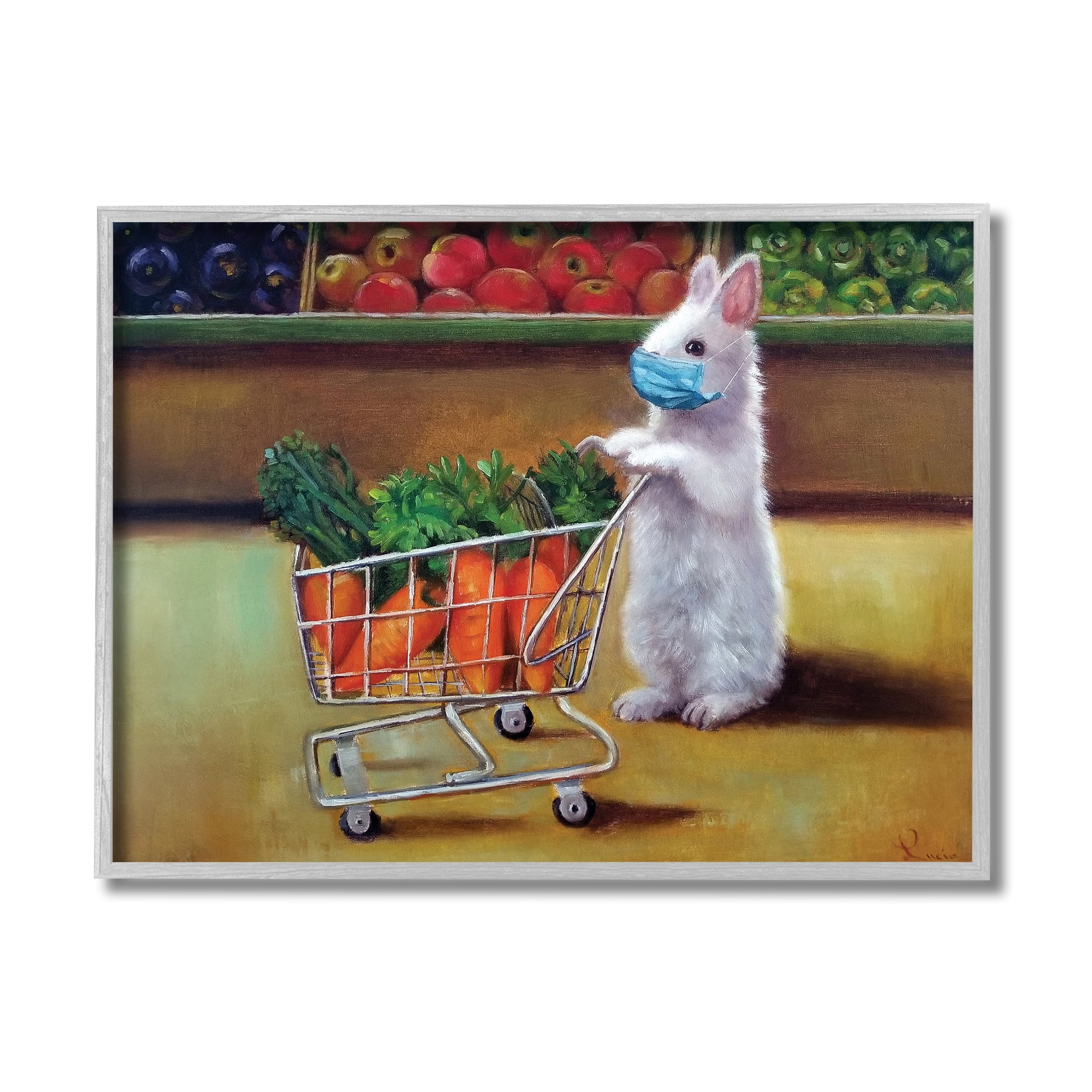 Stupell Industries Bunny Rabbit Carrot Shopping Face Mask Detail Animals & Insects Painting Gray Framed Art Print Wall Art, 11 x 14