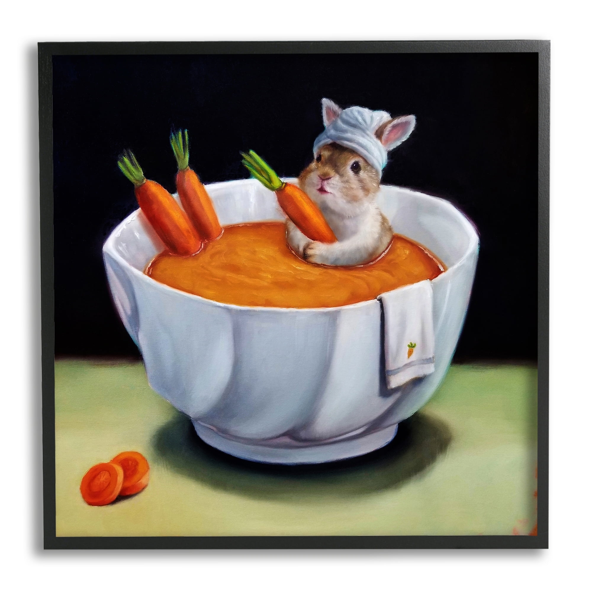 Stupell Industries Bunny Rabbit Carrot Vegetable Soup Bath Animal Portrait Painting Black Framed Art Print Wall Art, Design by Lucia Heffernan