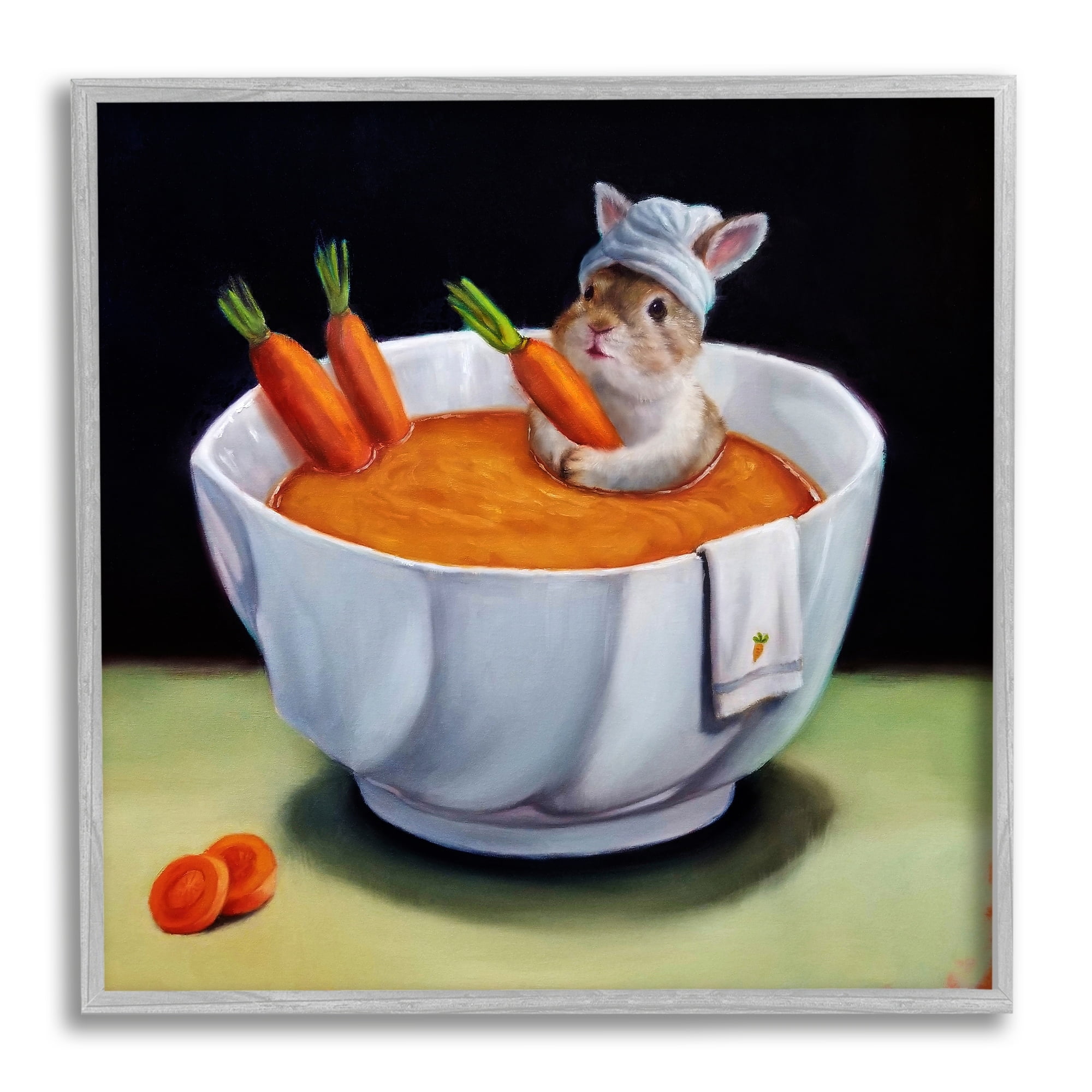 Stupell Industries Bunny Rabbit Carrot Vegetable Soup Bath Animal Portrait Painting Gray Framed Art Print Wall Art, Design by Lucia Heffernan