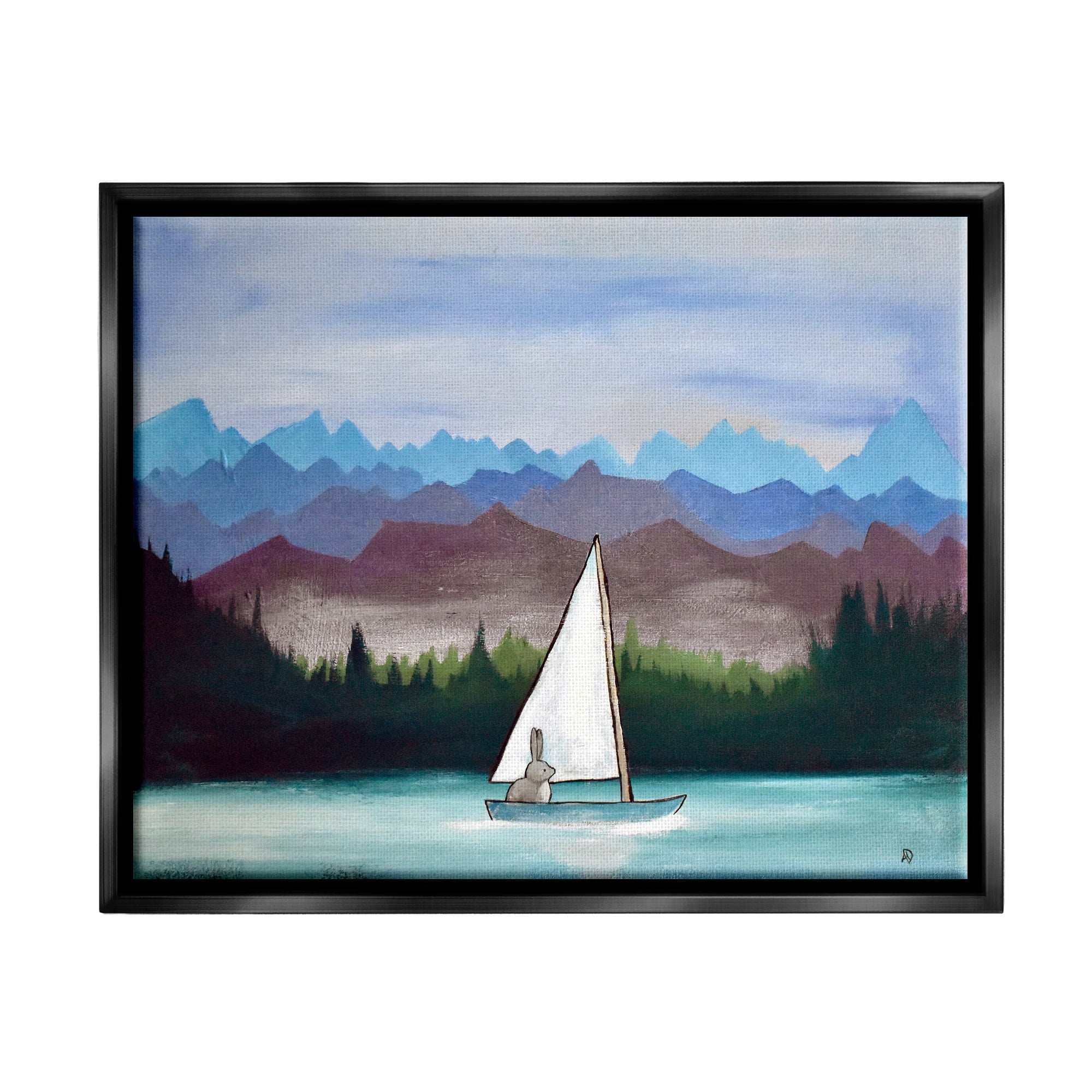 Stupell Industries Bunny Rabbit on Sailboat Vivid Distant Mountain Peaks Painting Jet Black Floating Framed Canvas Print Wall Art, Design by Andrea Doss