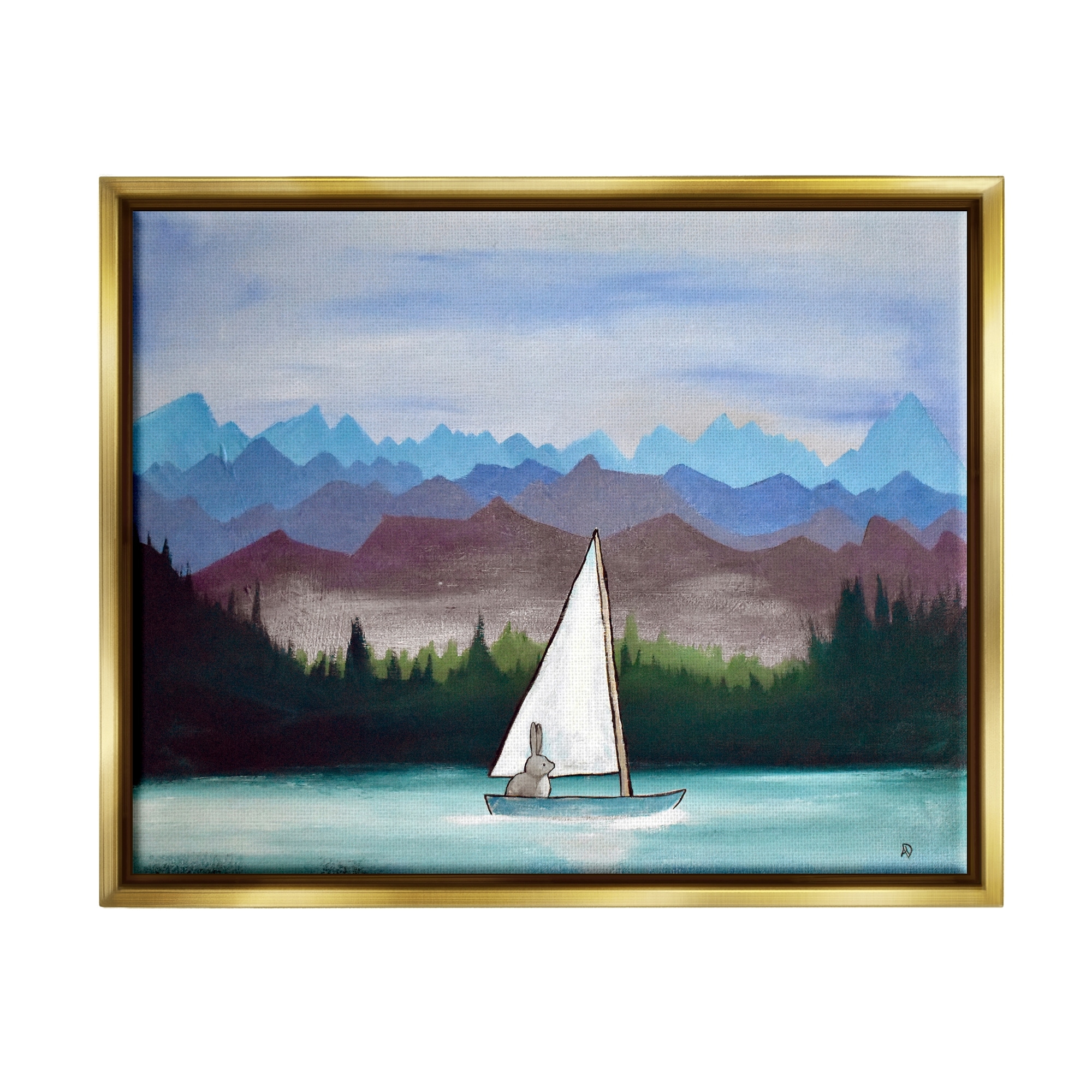 Stupell Industries Bunny Rabbit on Sailboat Vivid Distant Mountain Peaks Painting Metallic Gold Floating Framed Canvas Print Wall Art, Design by Andrea Doss