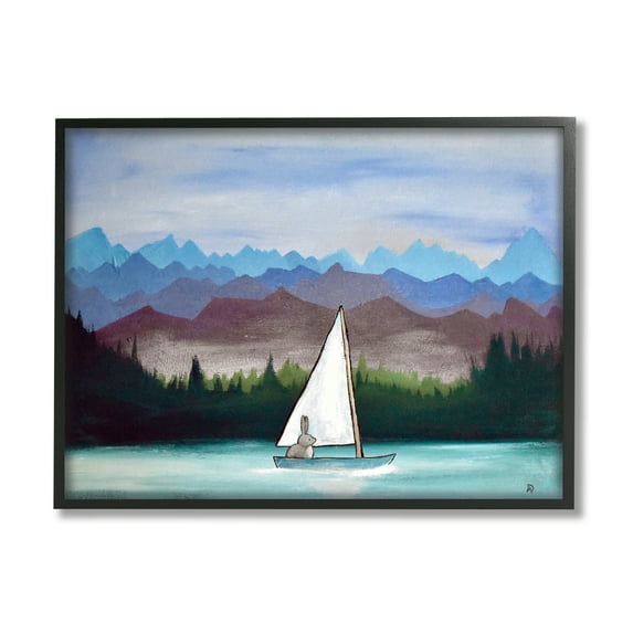 Stupell Industries Bunny Rabbit on Sailboat Vivid Distant Mountain Peaks Painting Black Framed Art Print Wall Art, Design by Andrea Doss