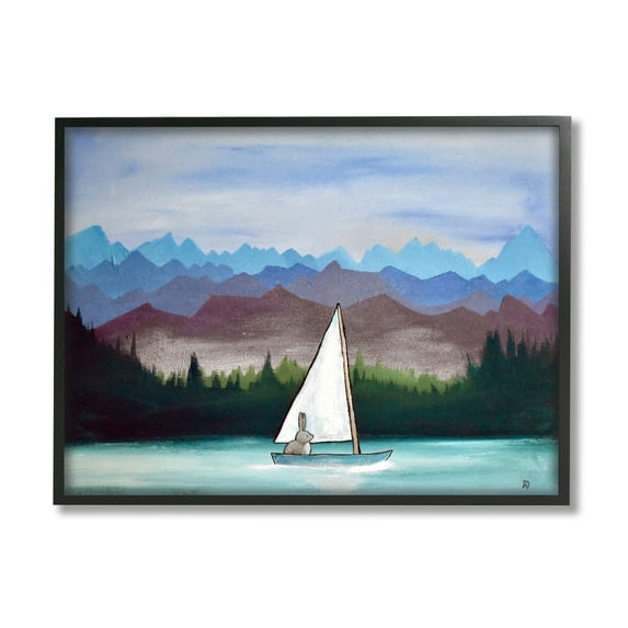 Stupell Industries Bunny Rabbit on Sailboat Vivid Distant Mountain Peaks Painting Black Framed Art Print Wall Art, Design by Andrea Doss