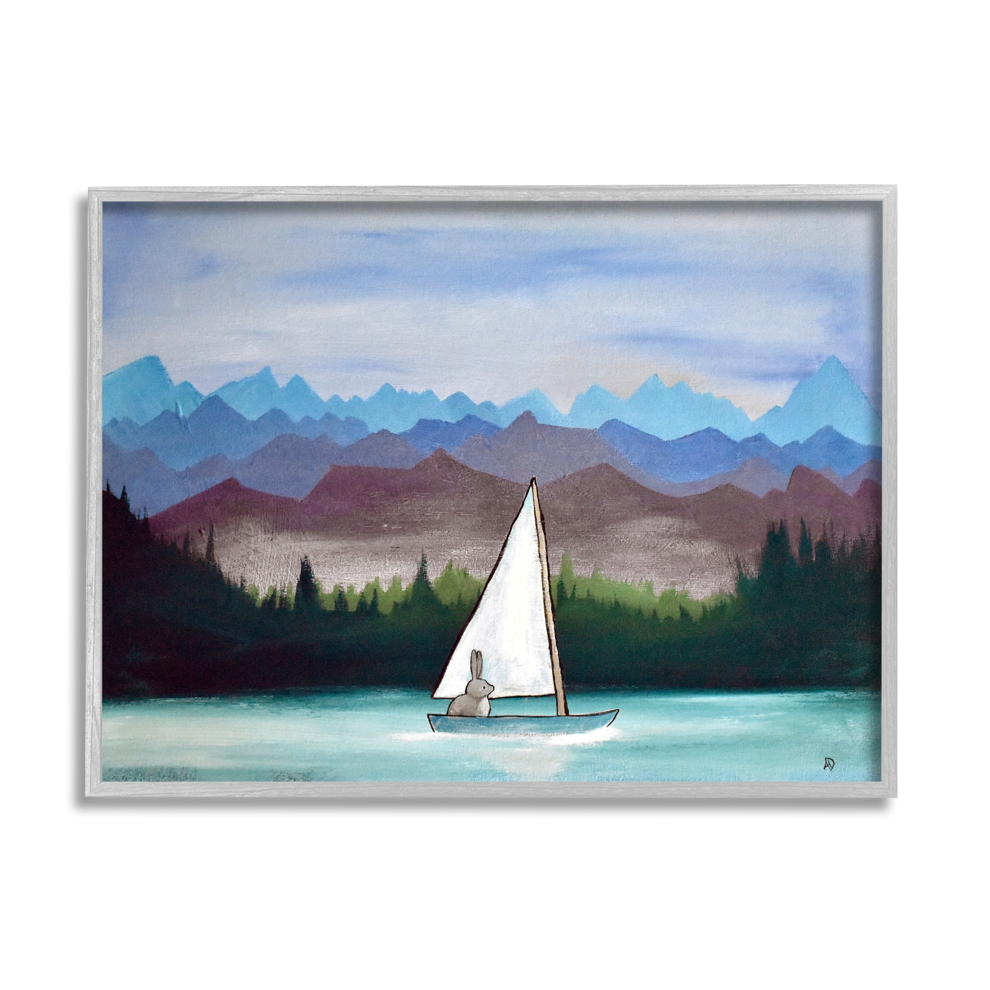 Stupell Industries Bunny Rabbit on Sailboat Vivid Distant Mountain Peaks Painting Gray Framed Art Print Wall Art, Design by Andrea Doss