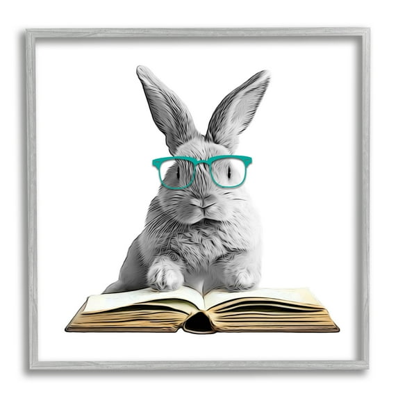 Stupell Industries Bunny Reading Book Animals & Insects Painting Gray Framed Art Print Wall Art, 24 x 24