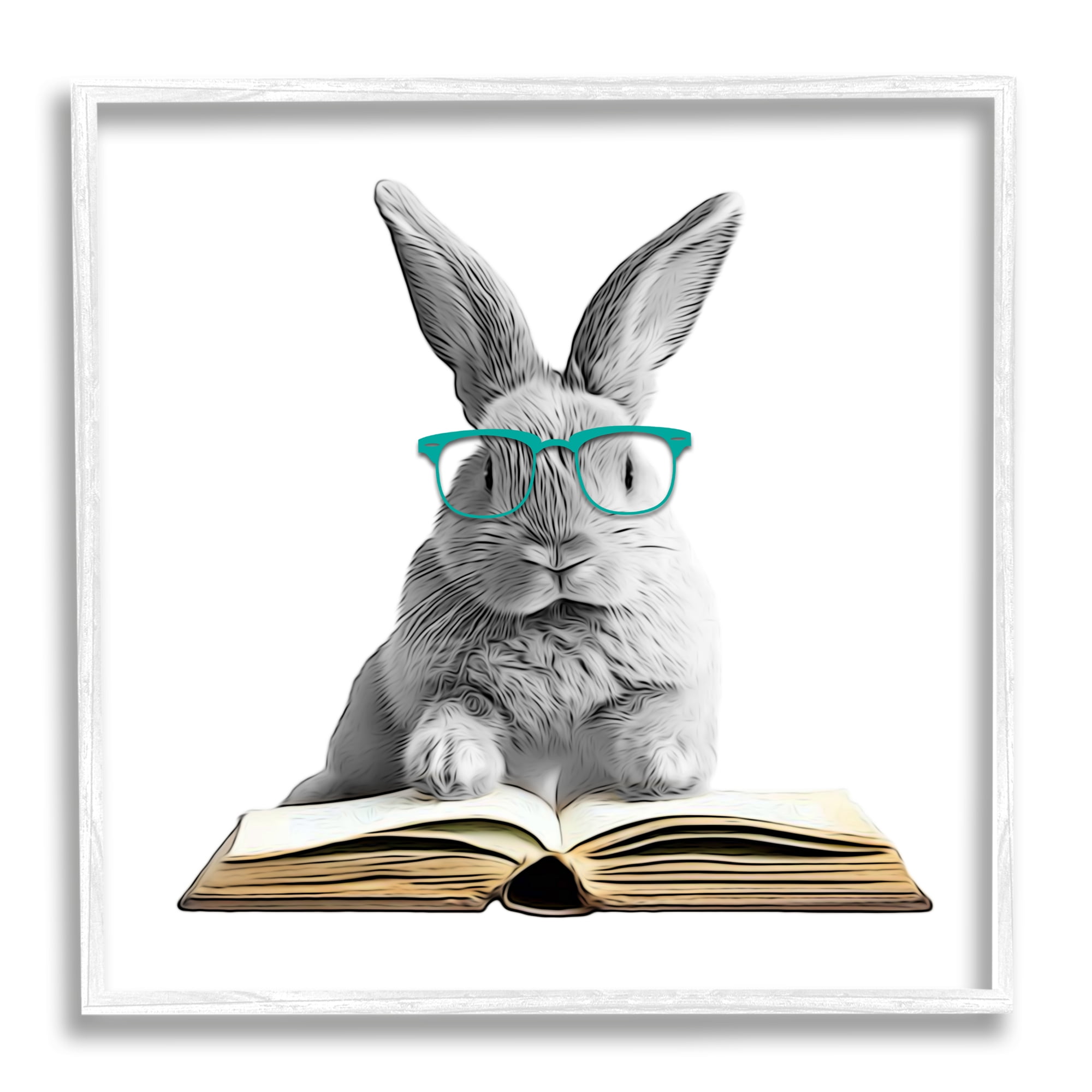 Stupell Industries Bunny Reading Book Animals & Insects Painting White Framed Art Print Wall Art, 24 x 24