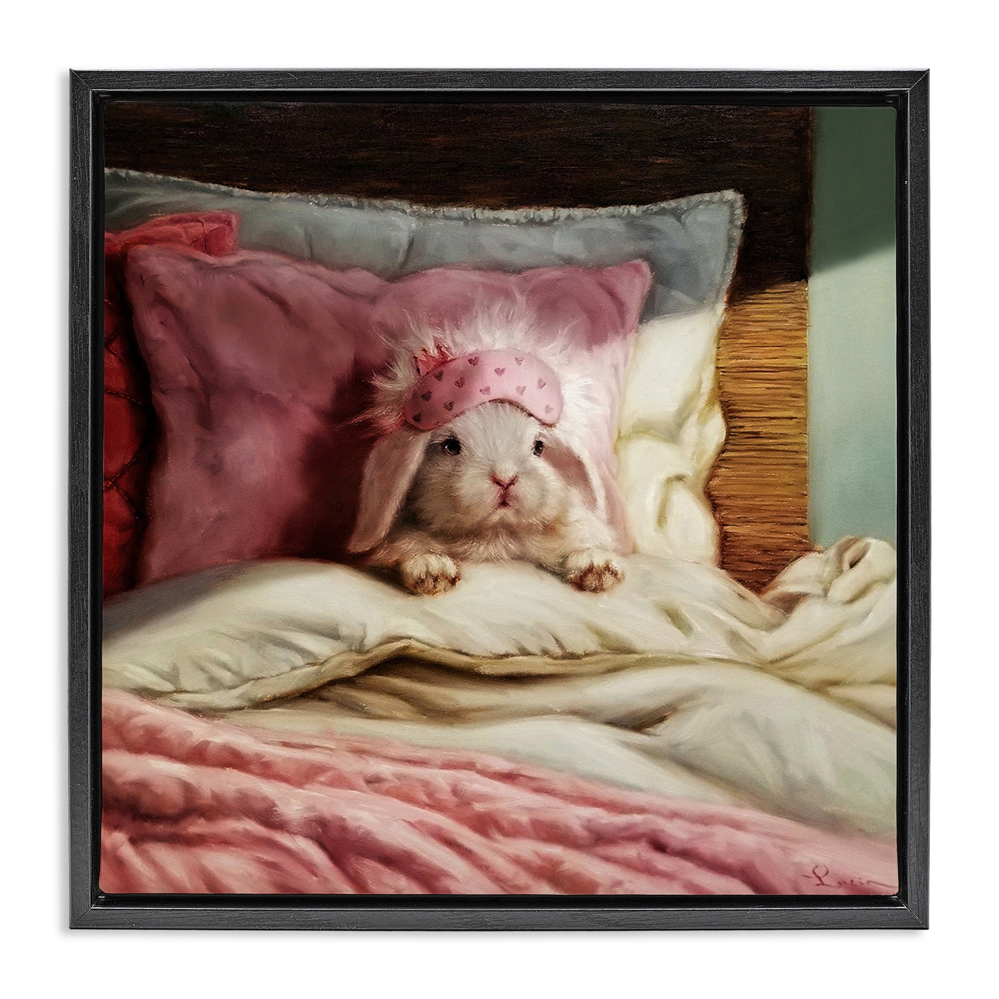 Stupell Industries Bunny Resting in Bed Animals & Insects Painting Black Floater Framed Canvas Art Print Wall Art, 18 x 18