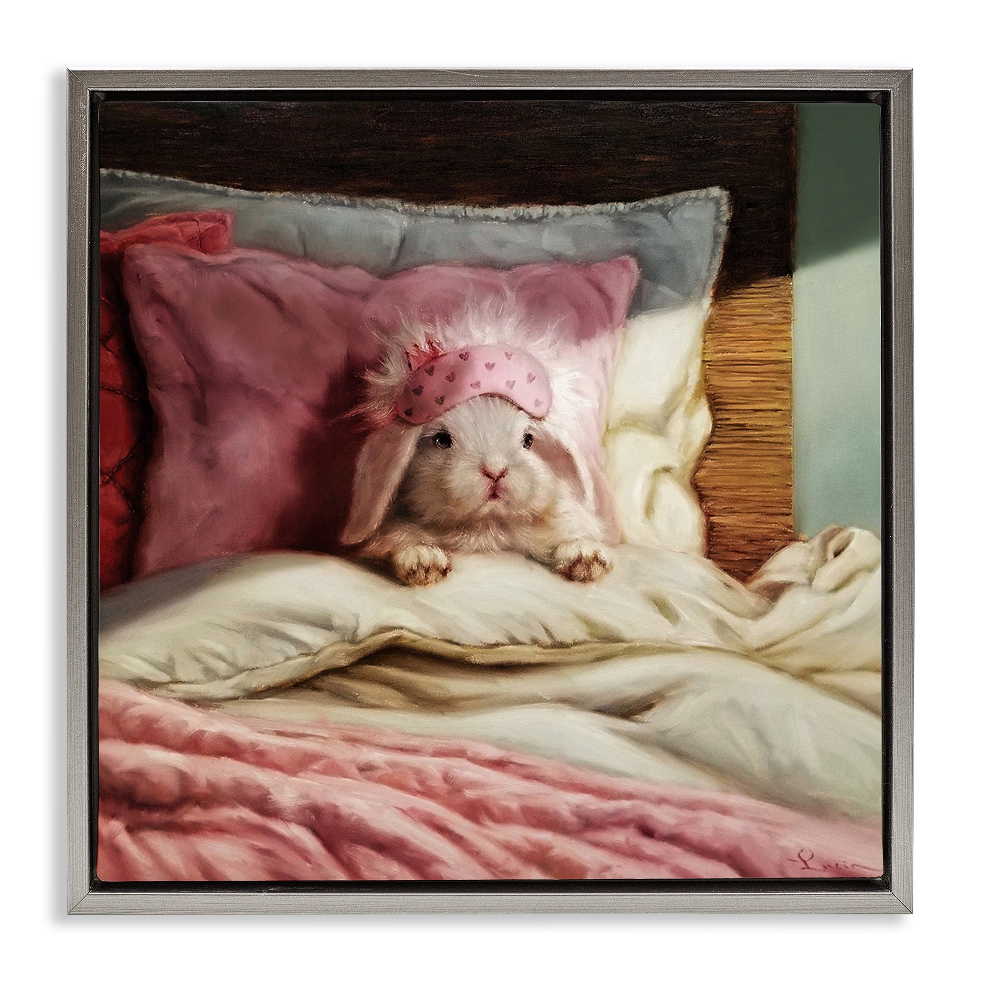Stupell Industries Bunny Resting in Bed Animals & Insects Painting Gray Floater Framed Canvas Art Print Wall Art, 25 x 25