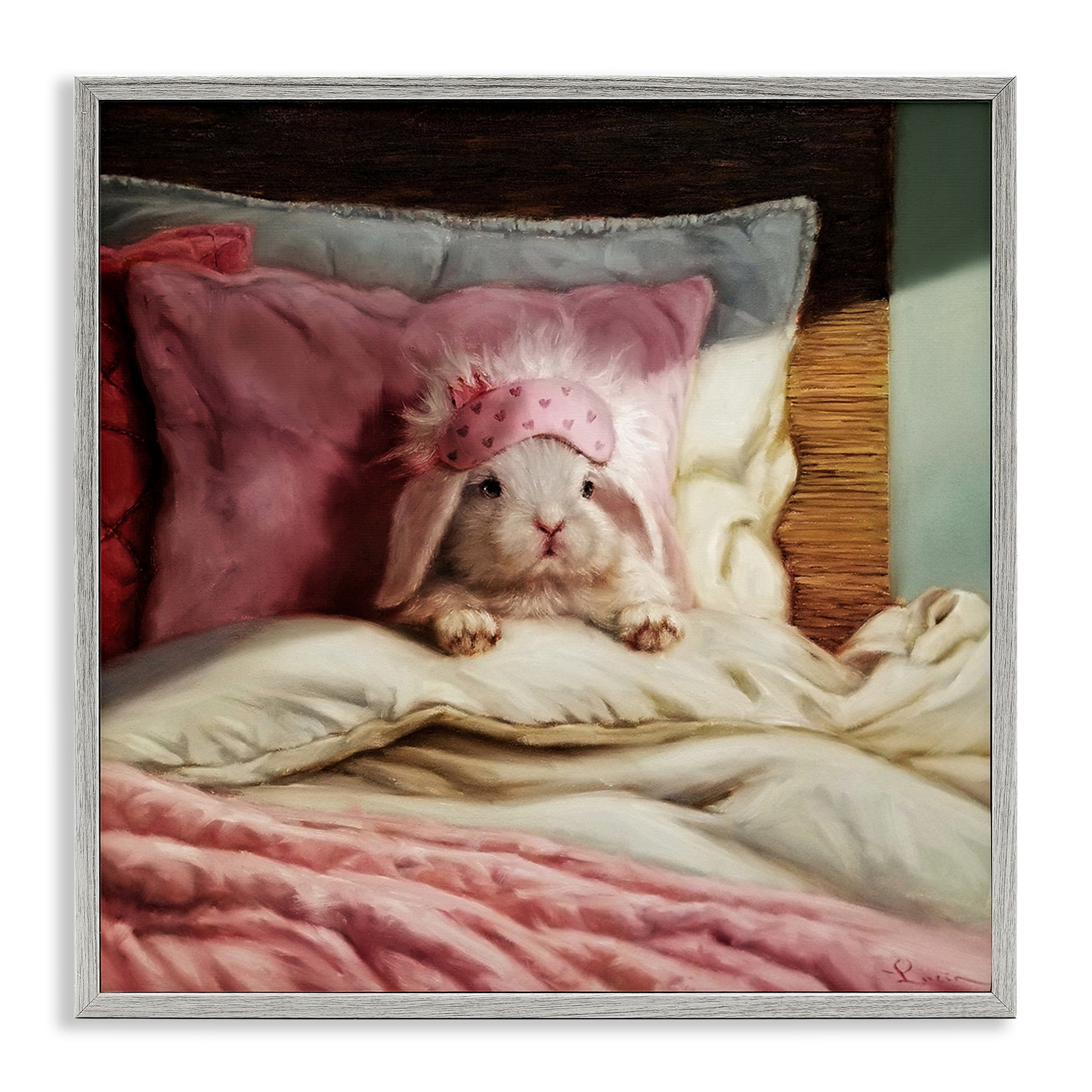 Stupell Industries Bunny Resting in Bed Animals & Insects Painting Gray Framed Art Print Wall Art, 24 x 24