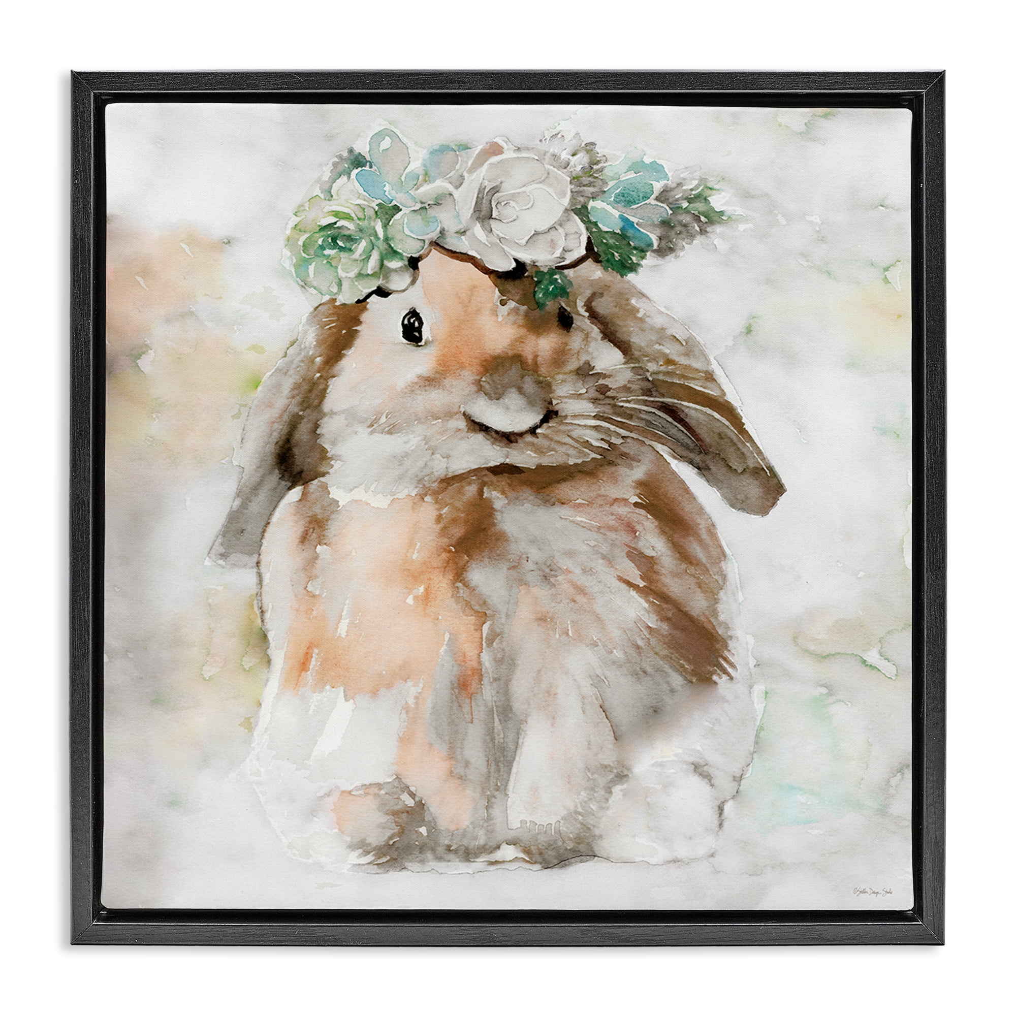 Stupell Industries Bunny & Spring Floral Crown Animals & Insects Painting Black Floater Framed Canvas Art Print Wall Art, 25 x 25
