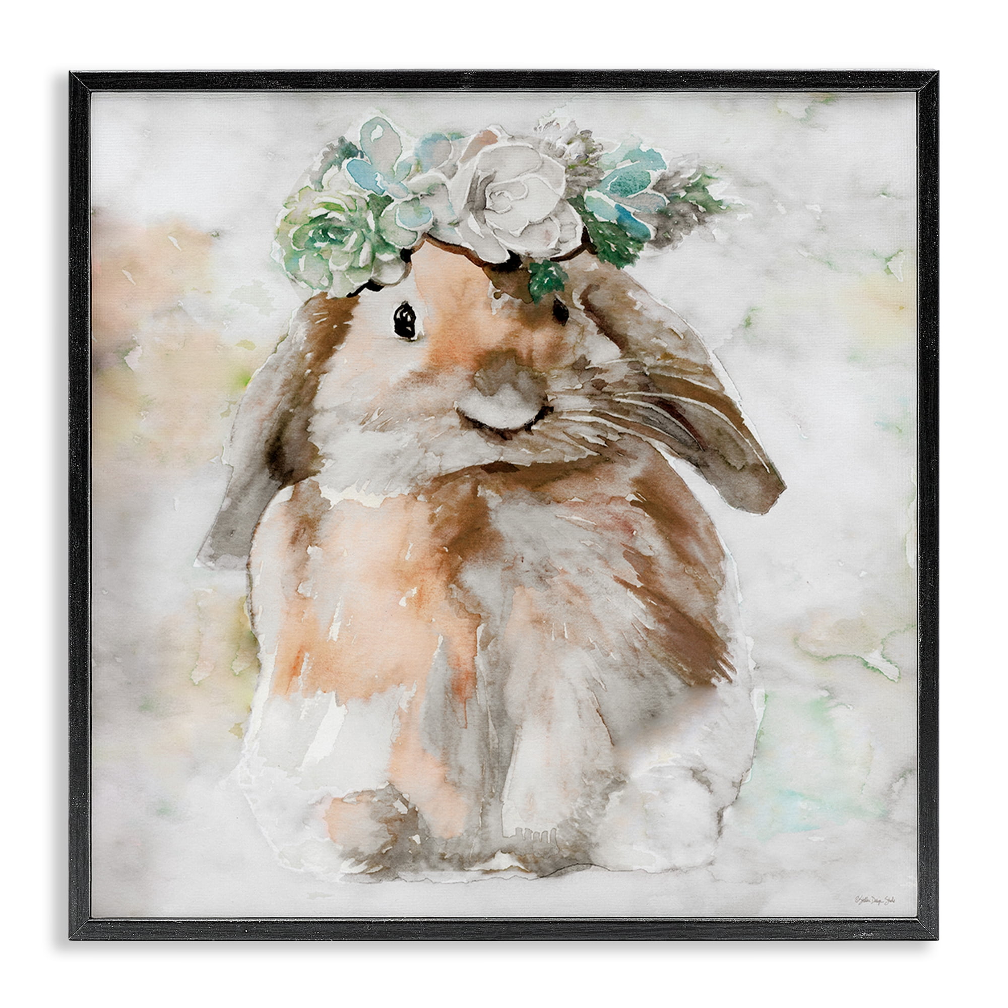 Stupell Industries Bunny & Spring Floral Crown Animals & Insects Painting Black Framed Art Print Wall Art, 12 x 12