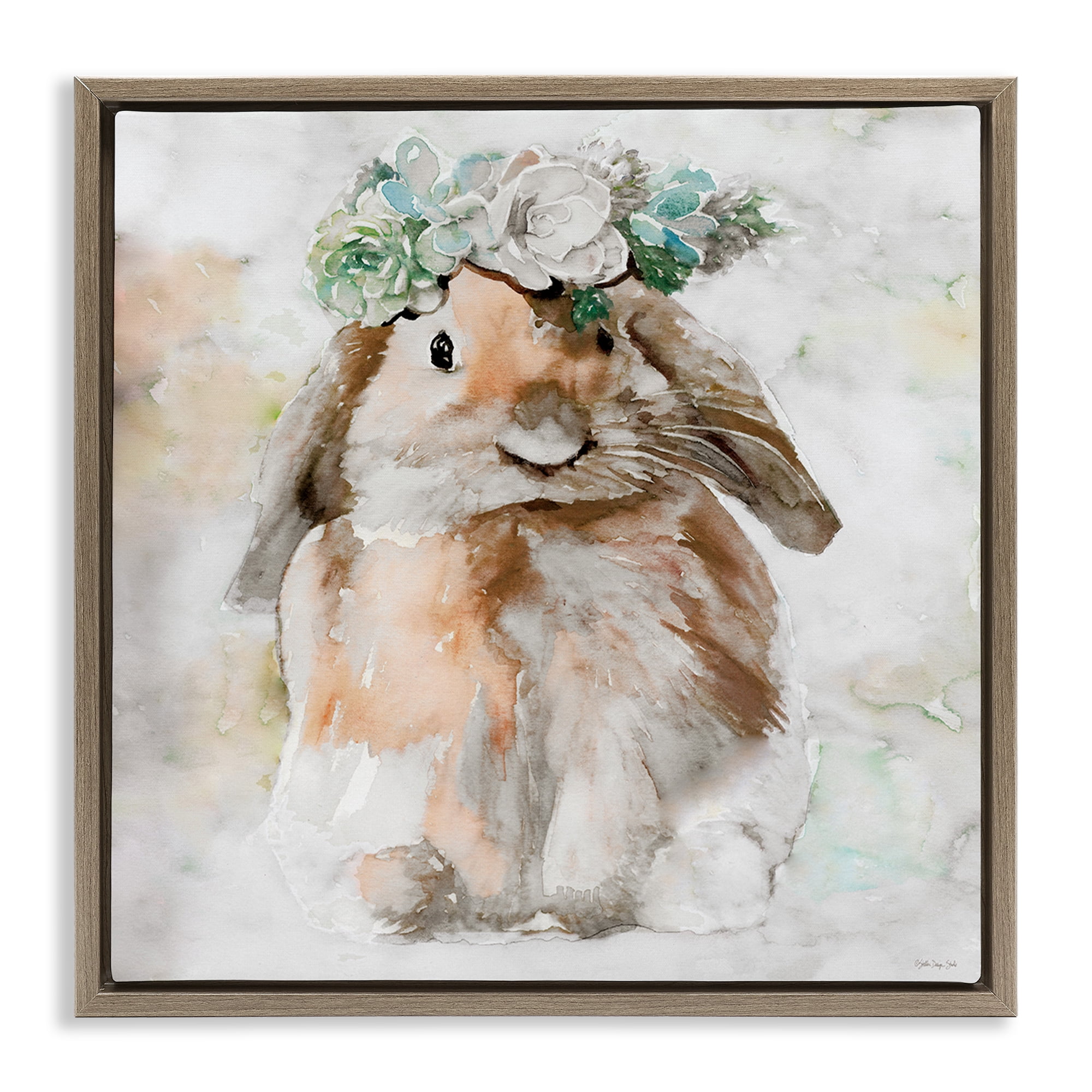 Stupell Industries Bunny & Spring Floral Crown Animals & Insects Painting Brown Floater Framed Canvas Art Print Wall Art, 18 x 18