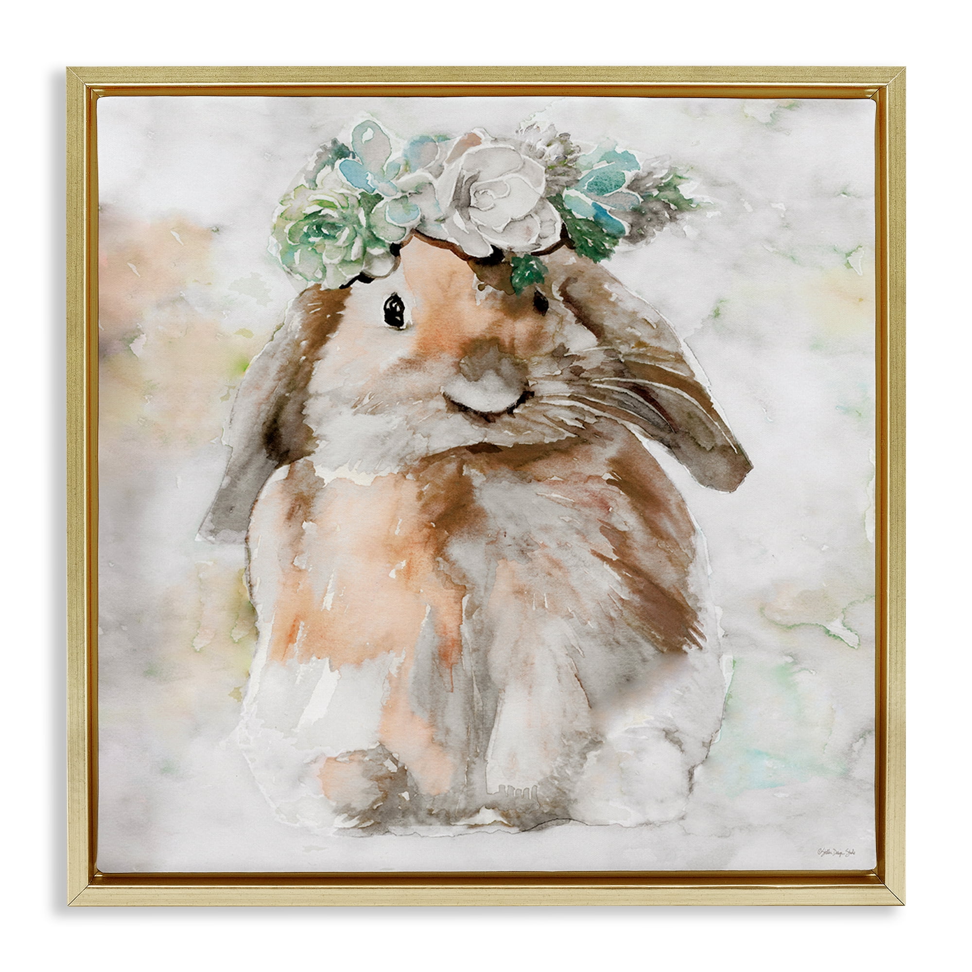 Stupell Industries Bunny & Spring Floral Crown Animals & Insects Painting Gold Floater Framed Canvas Art Print Wall Art, 18 x 18