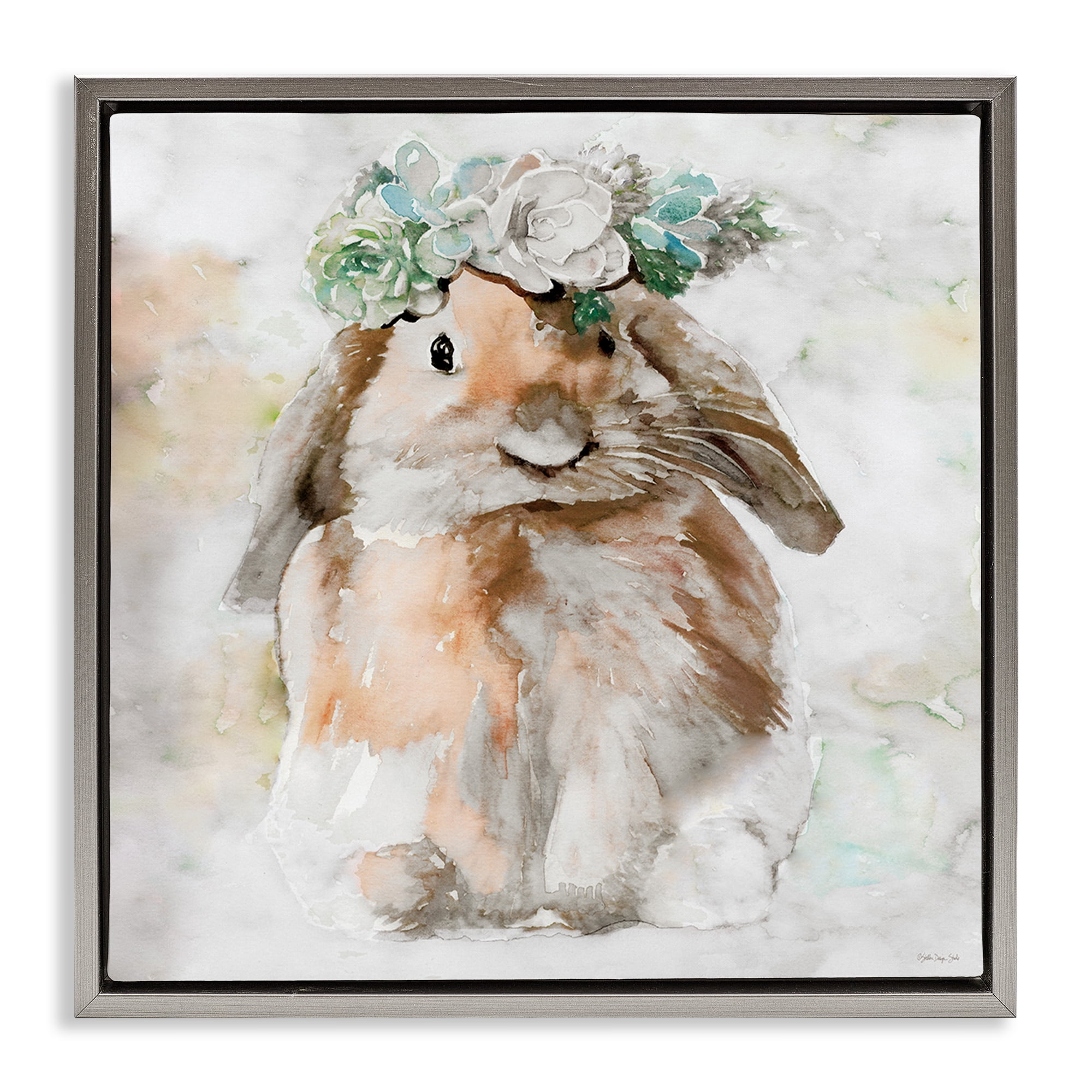 Stupell Industries Bunny & Spring Floral Crown Animals & Insects Painting Gray Floater Framed Canvas Art Print Wall Art, 25 x 25