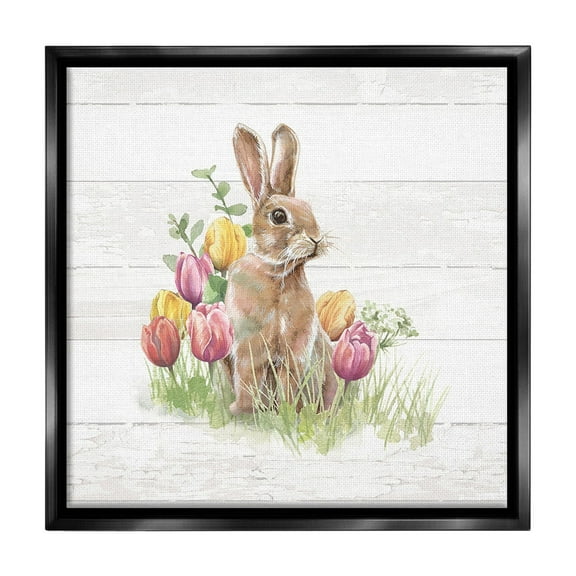 Stupell Industries Bunny & Spring Tulips Animals & Insects Painting Black Floater Framed Canvas Art Print Wall Art, 18 x 18