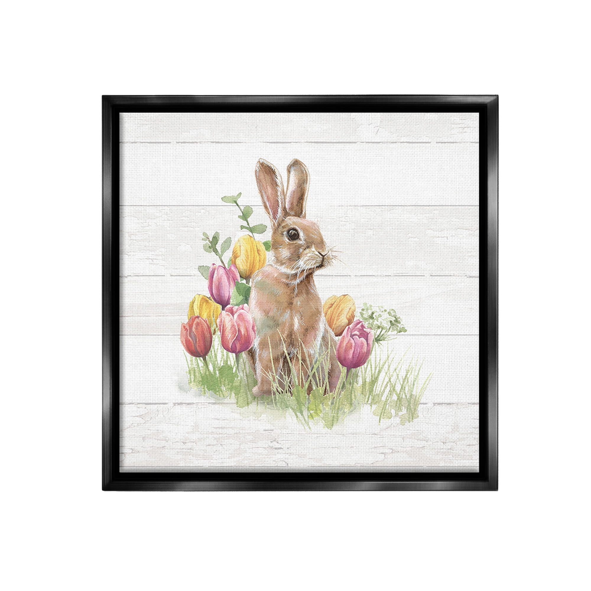 Stupell Industries Bunny & Spring Tulips Animals & Insects Painting Black Floater Framed Canvas Art Print Wall Art, 25 x 25