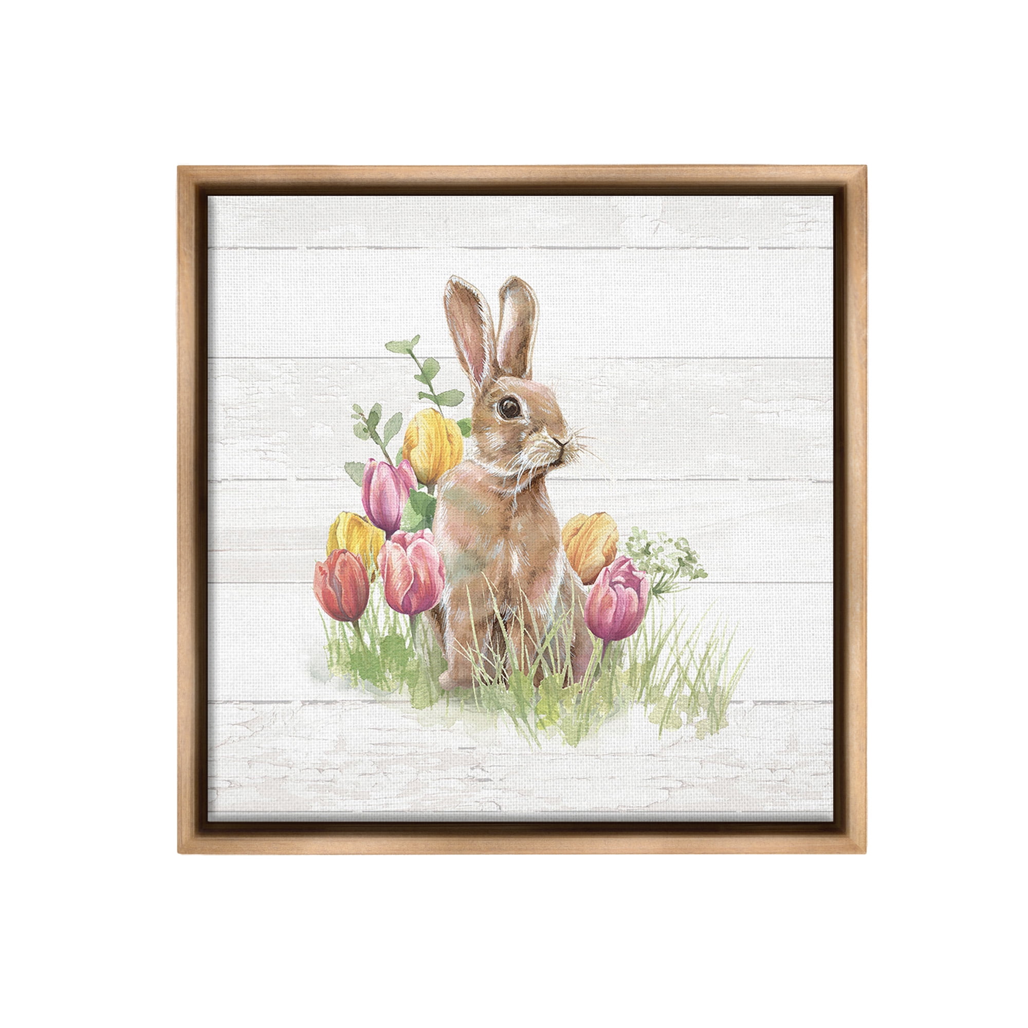 Stupell Industries Bunny & Spring Tulips Animals & Insects Painting Brown Floater Framed Canvas Art Print Wall Art, 18 x 18