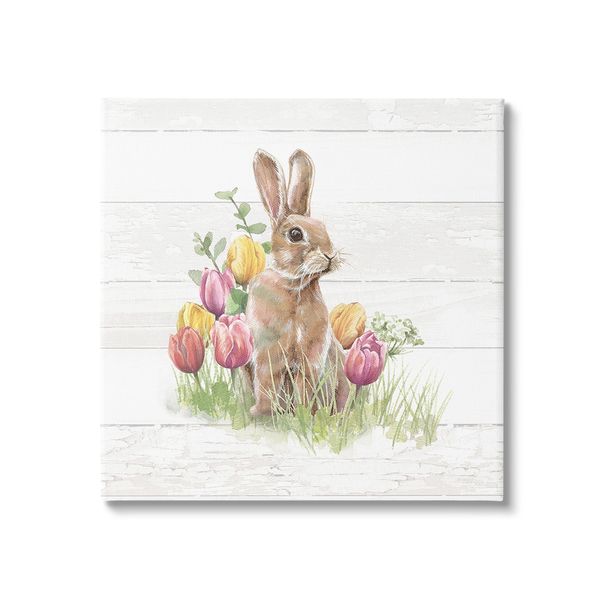 Stupell Industries Bunny & Spring Tulips Animals & Insects Painting Gallery Wrapped Canvas Art Print Wall Art, 17 x 17