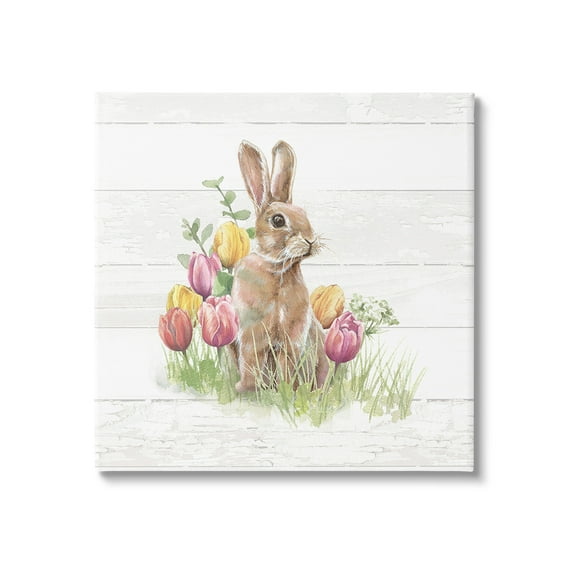 Stupell Industries Bunny & Spring Tulips Animals & Insects Painting Gallery Wrapped Canvas Art Print Wall Art, 30 x 30