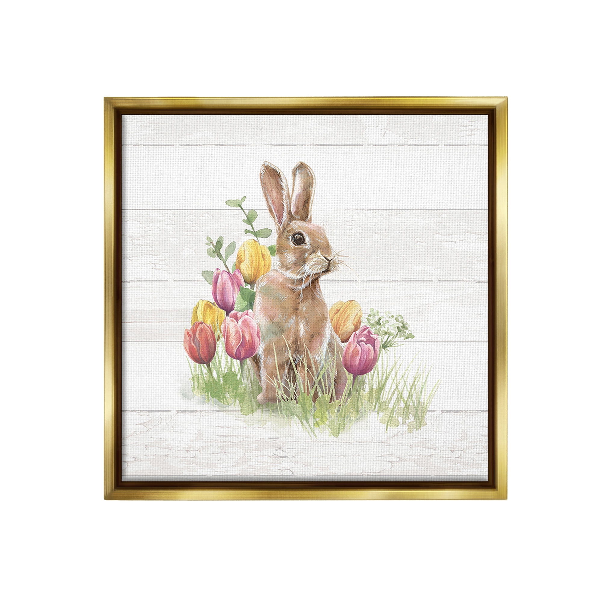 Stupell Industries Bunny & Spring Tulips Animals & Insects Painting Gold Floater Framed Canvas Art Print Wall Art, 18 x 18