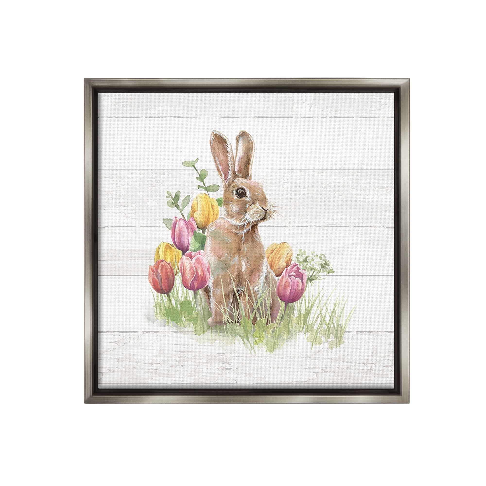 Stupell Industries Bunny & Spring Tulips Animals & Insects Painting Gray Floater Framed Canvas Art Print Wall Art, 25 x 25