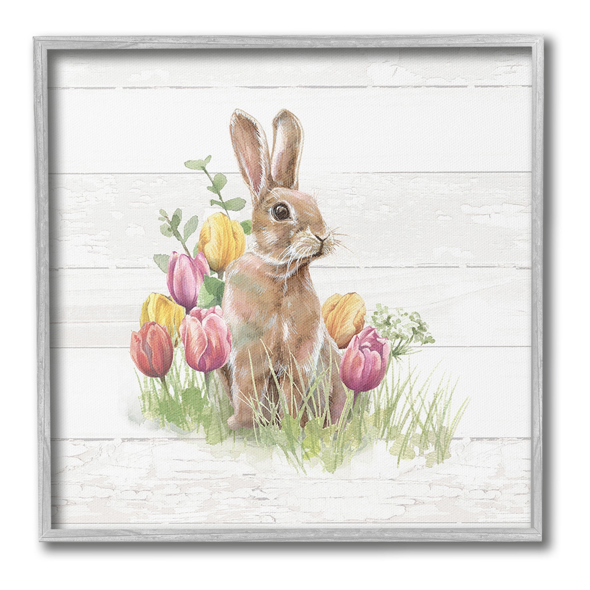 Stupell Industries Bunny & Spring Tulips Animals & Insects Painting Gray Framed Art Print Wall Art, 24 x 24