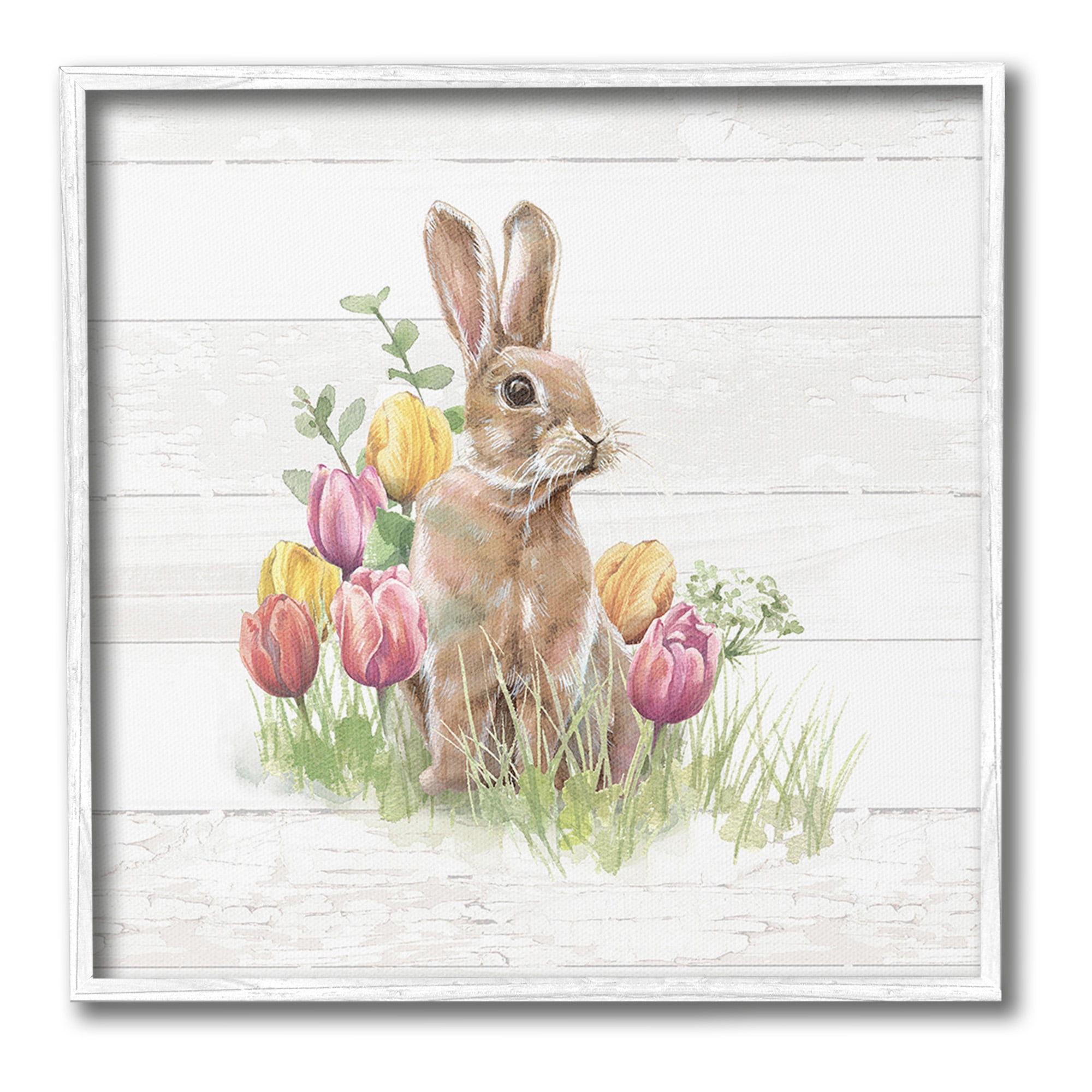 Stupell Industries Bunny & Spring Tulips Animals & Insects Painting White Framed Art Print Wall Art, 24 x 24
